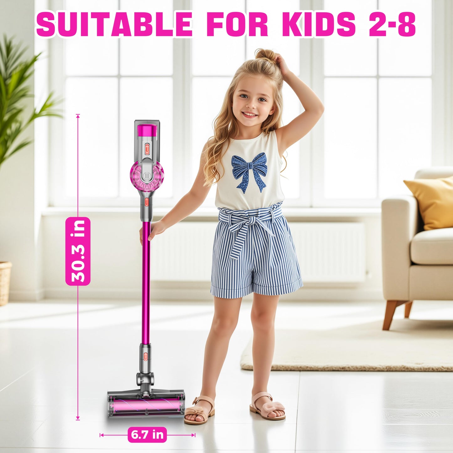 BLAXTEM 4-in-1 Kids Toy Vacuum that Works with Suction, Electric Toy Toddler Vacuum Cleaner for Children Girls & Boys, Toddlers Toys Cleaning Set for Pretend Play (Rose Red)