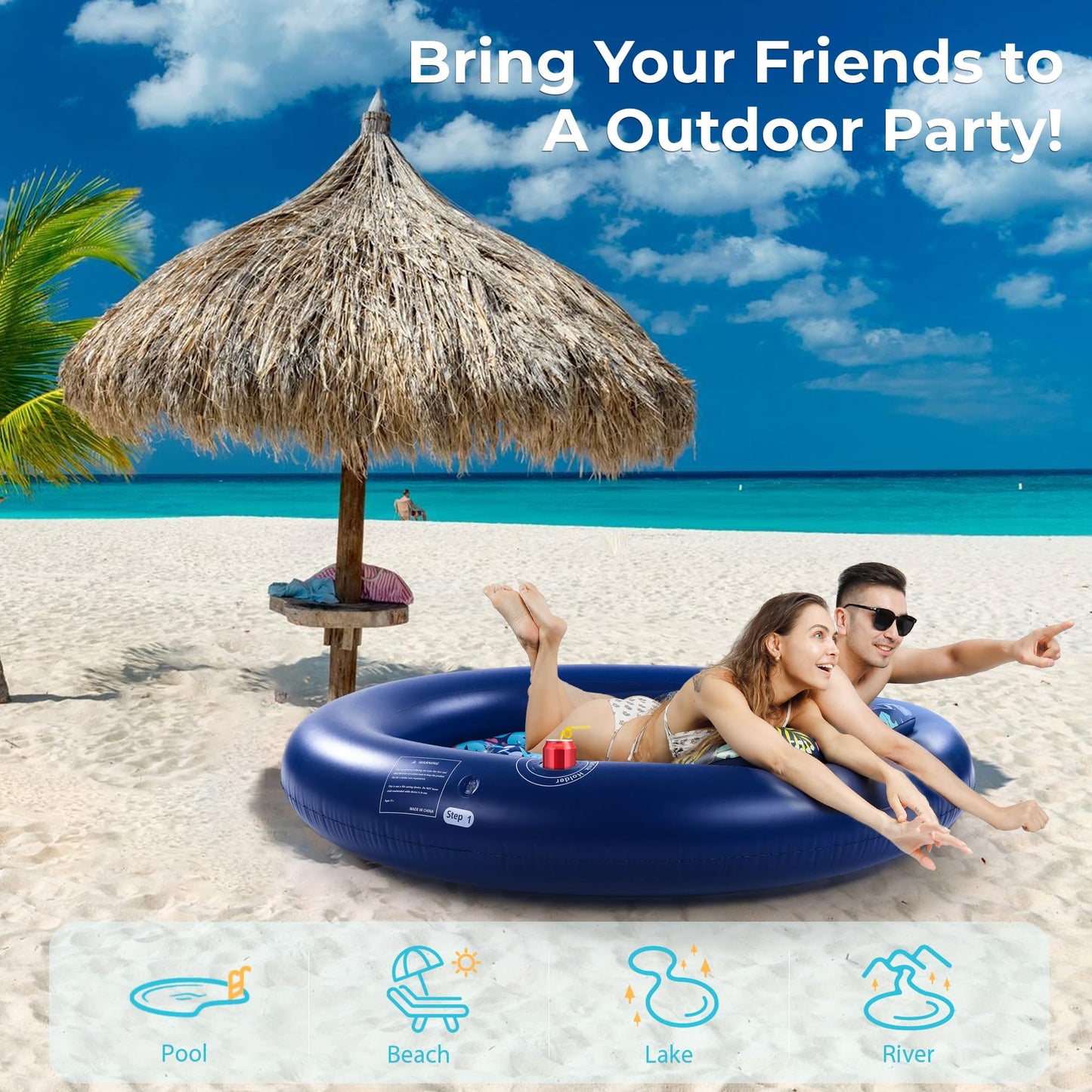 2-Person Pool Floats Adult Heavy Duty, Giant 75"X75" Inflatable Tanning Pool Mats with Cup Holders, Detachable Headrest, Multi-Purpose Water Lounger for Pool Party, Lake, Beach, River, Outdoor