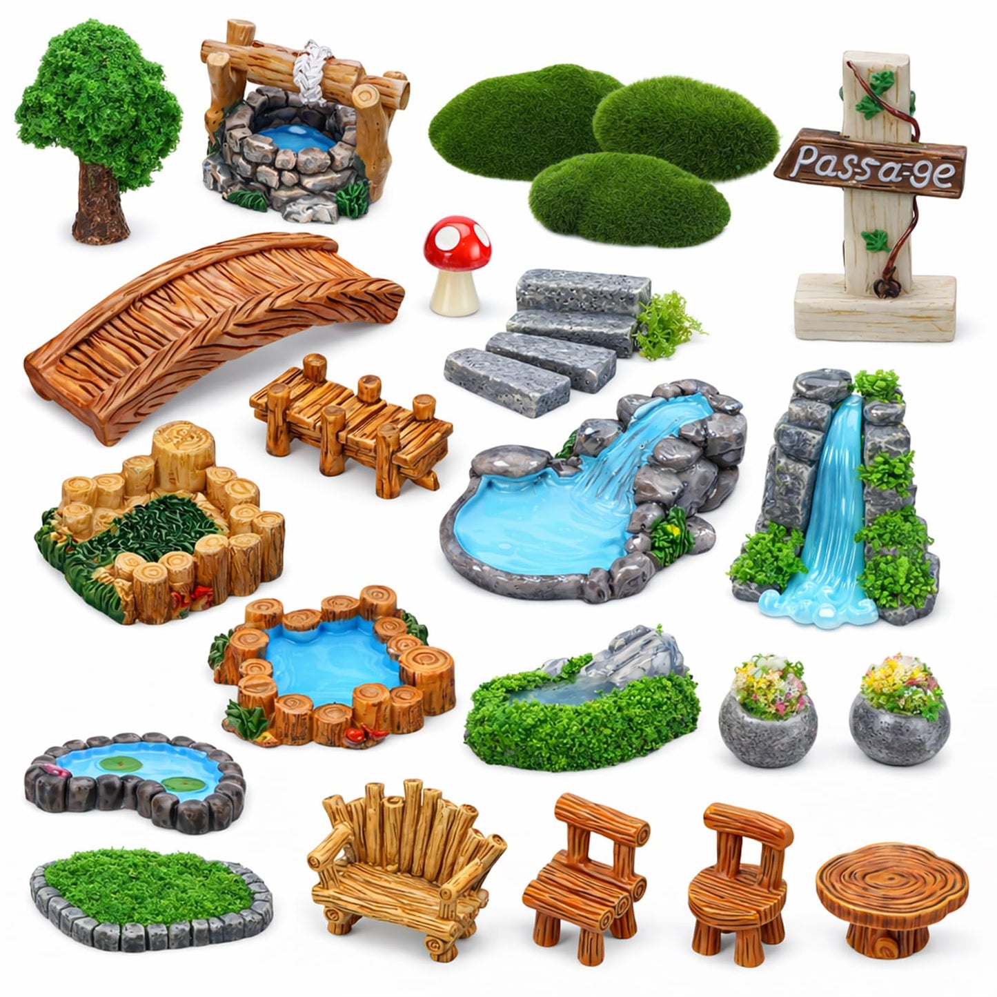 GGSTDDUP Mini Fairy Garden Accessories, Miniature Landscape Decorations Included Mini Bridge Pond Water Well for DIY Craft Lawn Pond Decor