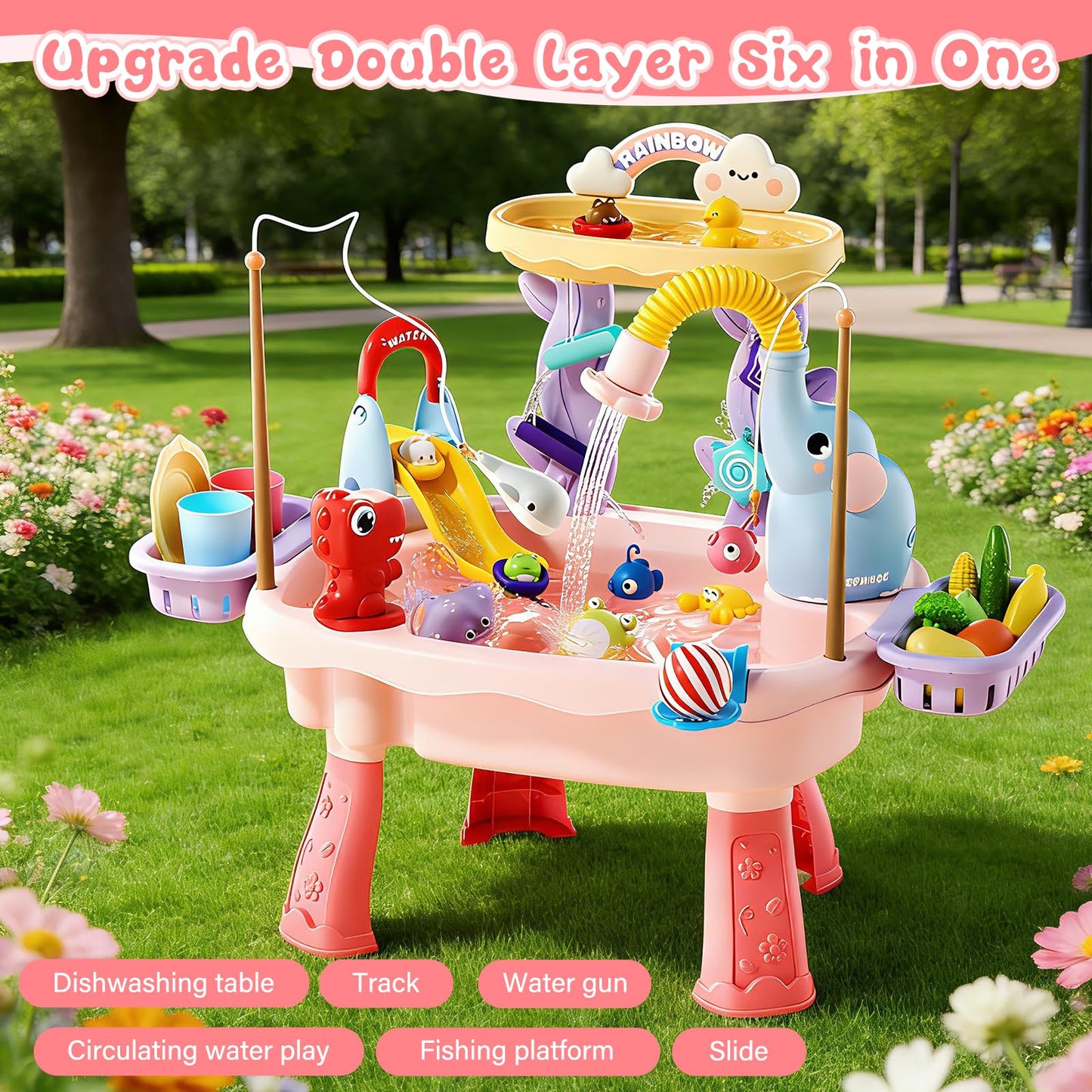 Poruary 2027 Upgraded Toddler Sand Water Table Toy with Electric Water Pump, Kids Sand Water with Faucet/Play Food Accessories/Fishing Toy, Kitchen Play Sink Toys for Girl Boy Age 3+ (Pink)