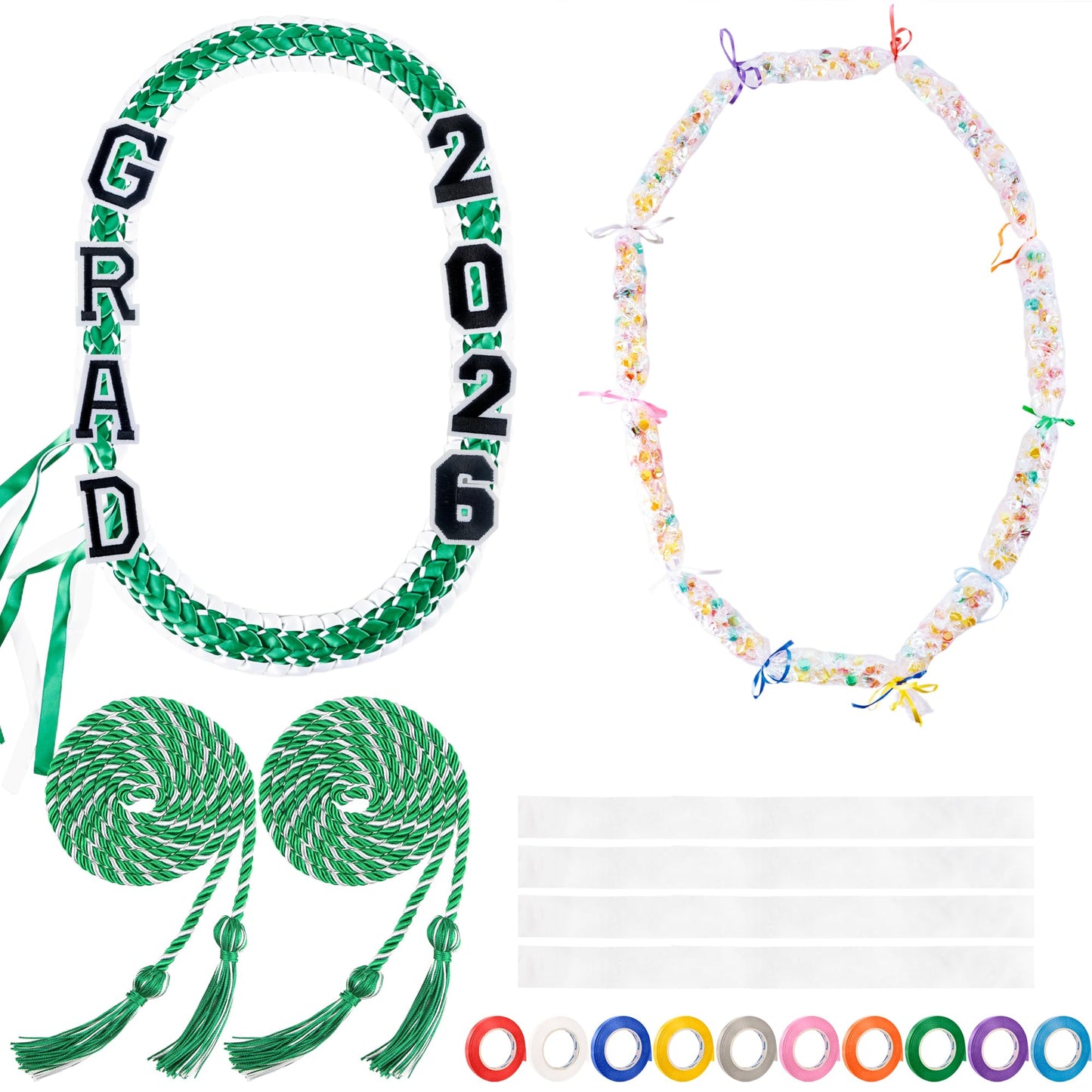 Flahard 17 Pcs Graduation Ribbon Lei Graduation Candy Lei Kit with Honor Cord Graduation Gifts Party Supply Women and Men (Green with White)