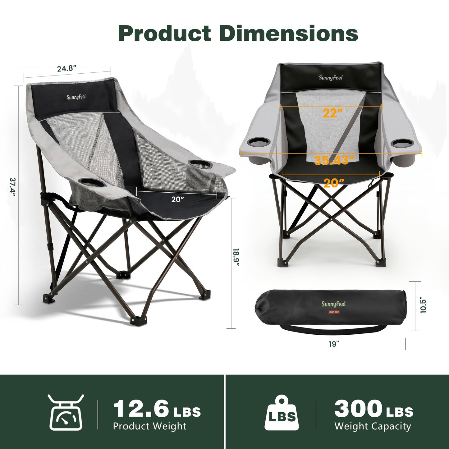 SUNNYFEEL Lightweight Oversized Camping Chairs for Adults Portable Folding Chair with Side Pockets & Cup Holde for Beach,Fishing,Trip,Picnic,Lawn,Concert Outdoor, Carry Bag Included