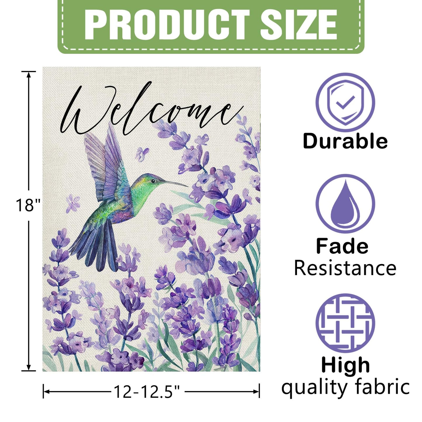 Dyrenson Welcome Spring Summer Hummingbird Lavender Decorative Garden Flag, Purple Flower Floral Yard Outside Home Decorations, Seasonal Burlap Outdoor Small Decor Double Sided 12 x 18