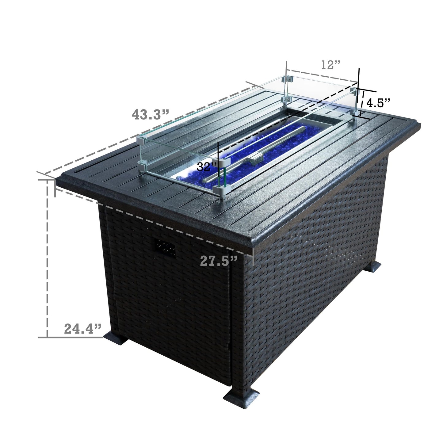 Kozyard Outdoor Patio Propane Gas Fire Pit Table - 50,000 BTU Wicker Design with Aluminum Tabletop, Glass Wind Guard, Clear Glass Rocks, and Slide Out Tank Holder - Ideal Patio Fire Table (Gray)