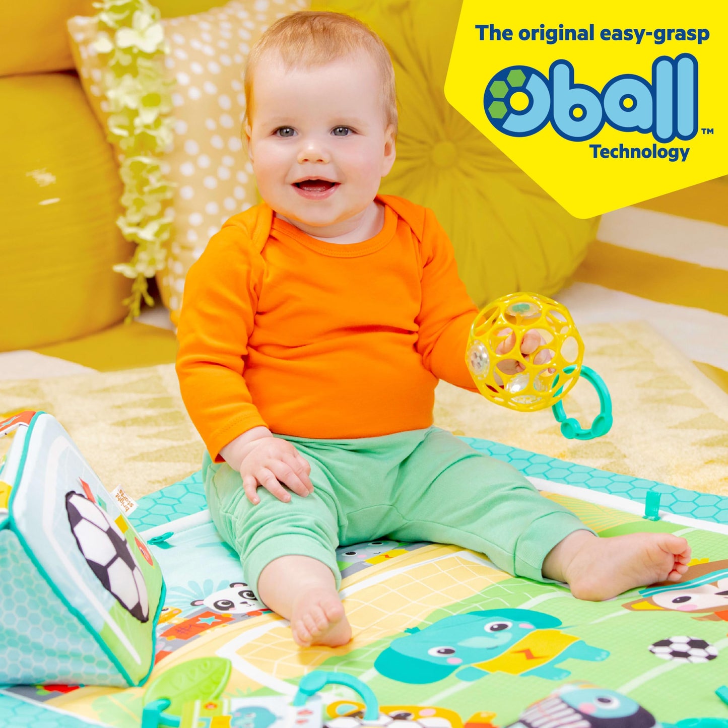Bright Starts Grip & Kick Oball Activity Gym, Soccer Theme with Easy-Grasp Baby Toys, Baby Play Gym, Kick Pad with Activated Lights & Tummy Time Pillow, Unisex, Newborn+