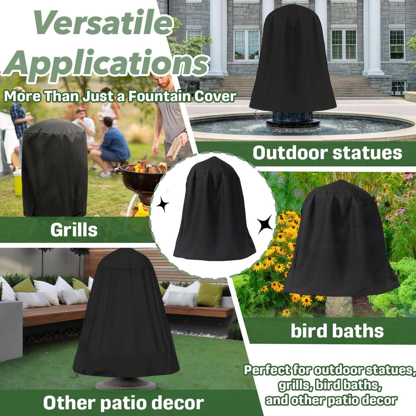 Fountain Cover 48" x 68", Heavy Duty Oxford Cloth Outdoor Fountain Protector with Adjustable Drawstring, Waterproof & Dustproof for Garden/Patio Water Fountains & Statues, Winter Protection (Black)