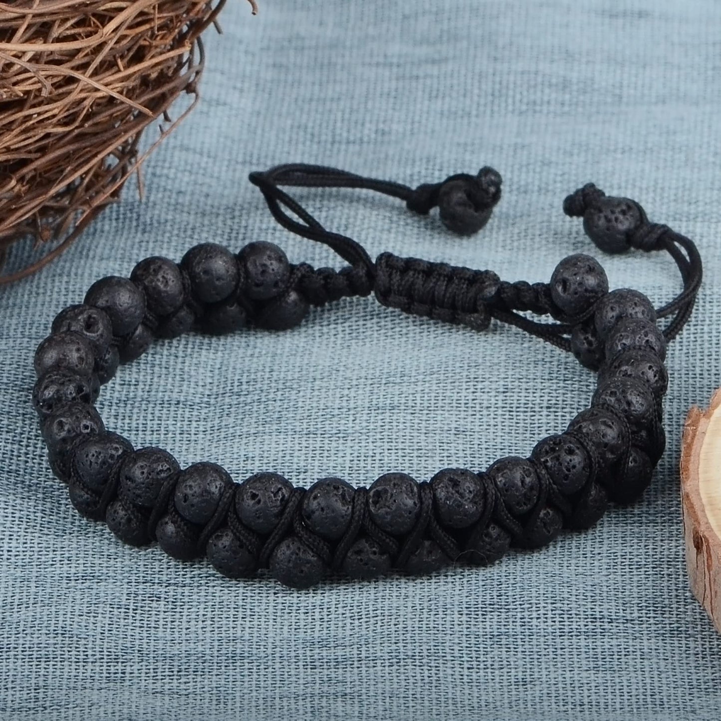 MASSIVE BEADS Natural Chakra Healing Power Crystals Macrame Bracelet Yoga Double Layer Stone Beads Gemstone Meditation Relax Anxiety Bangle for Unisex Women Men (Black Lava, 6mm)