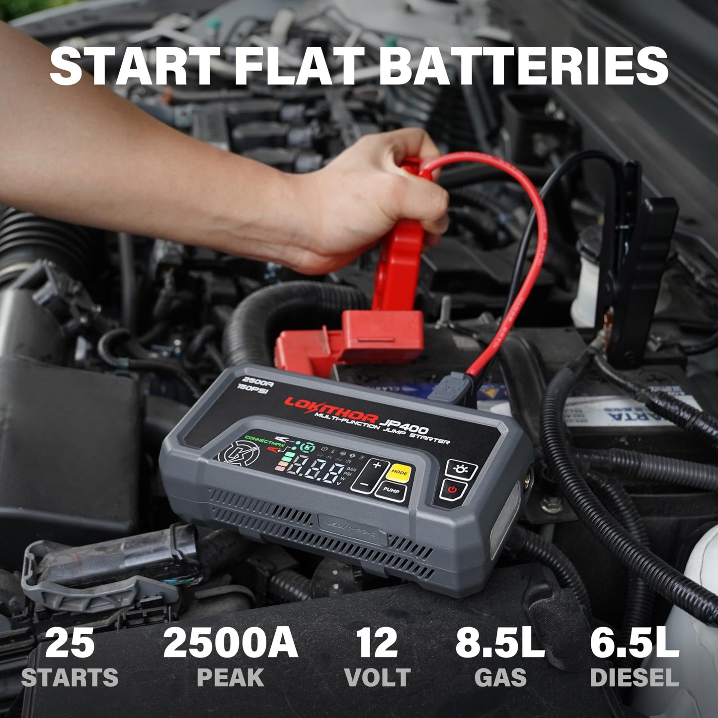 LOKITHOR JP400 Jump Starter with Air Compressor, 2500A 12V Car Battery Jumper Starter Portable (8.5L Gas/6.5L Diesel) Jump Box for Car Battery with ConnectMax, 150PSI Tire Inflator, Jumper Cables