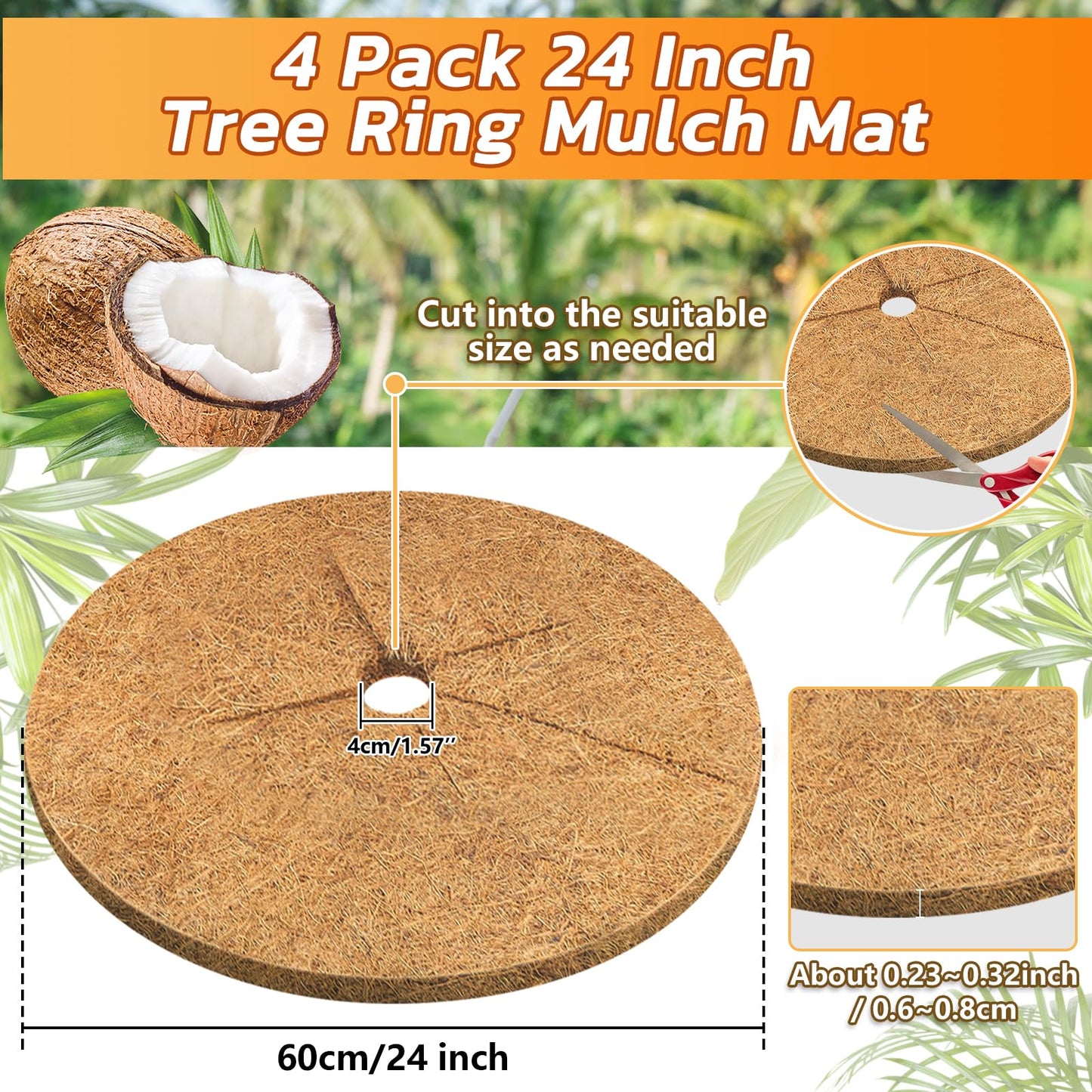Legigo 4pcs Coconut Fiber Mulch Ring Tree Plant Protector Mat, 24 Inch Natural Coco Coir Tree Protection Ring Plant Pot Soil Cover, Tree Rings Disc Plant Cover for Indoor Outdoor Plants,Landscaping