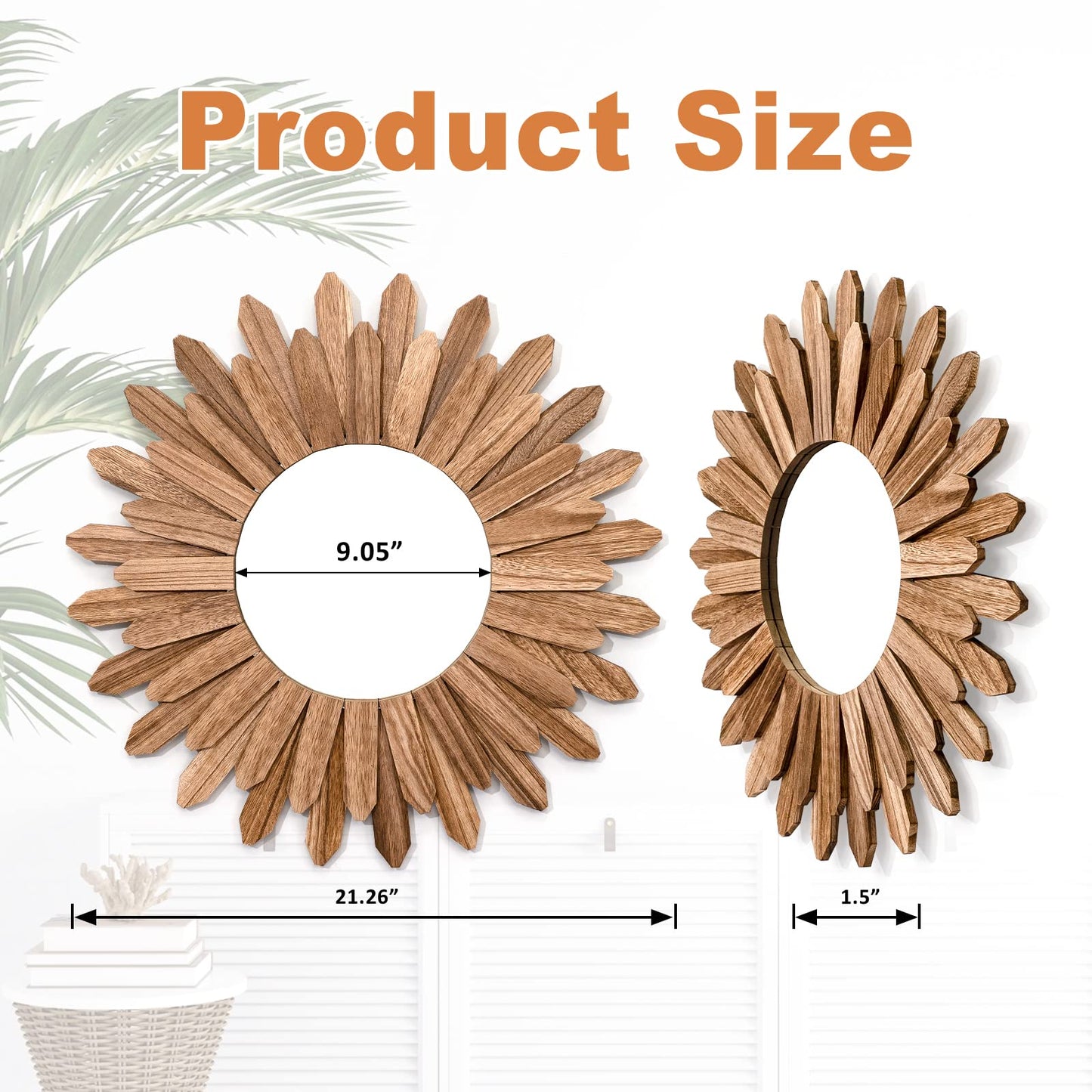 Emfogo Wall Mirror 21 inch Rustic Wood Sunburst Boho Mirror Wall Decor Home Decor for Bedroom Living Room Entryway Farmhouse (Carbonized Black)
