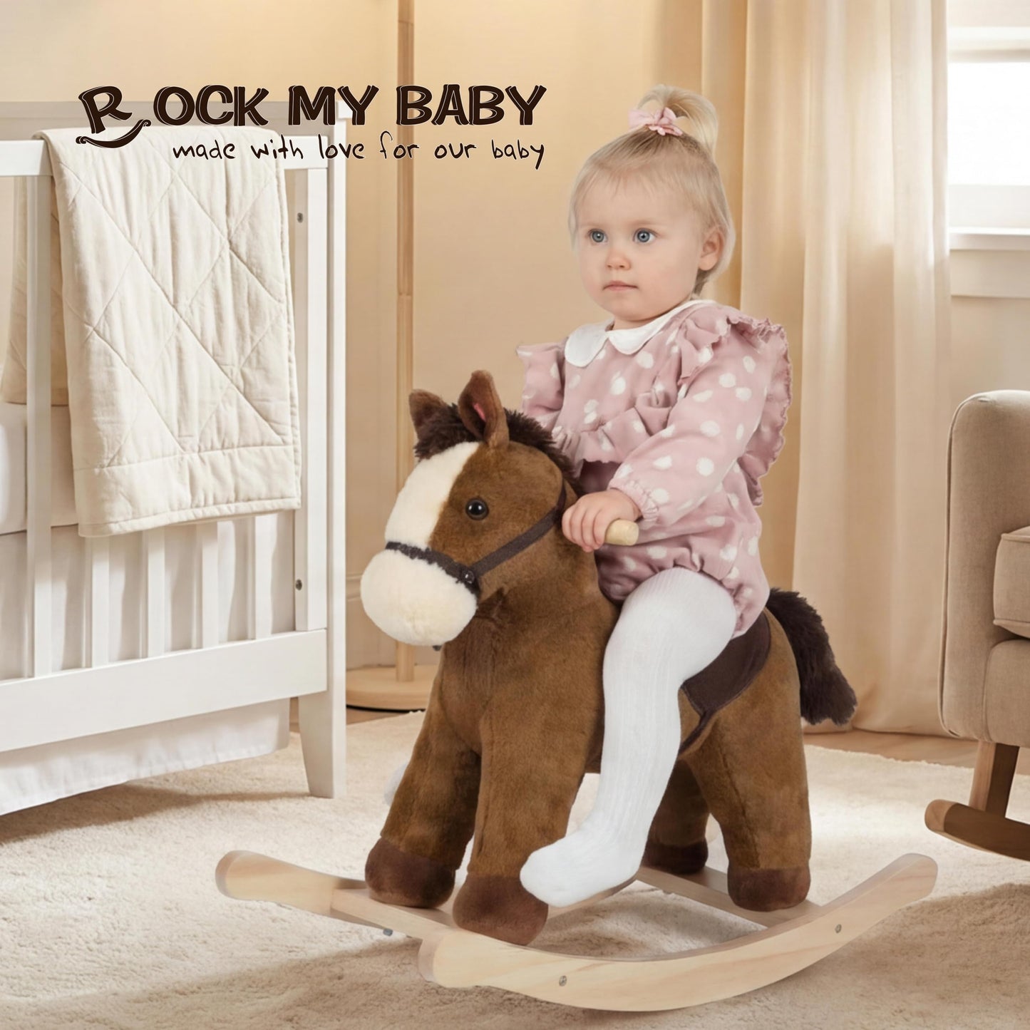 Rock My Baby Rocking Horse, Dark Brown Horse Rocker for Toddlers 18M+, Plush Ride on Horse Toy with Realistic Sound,Soft Stuffed Filling, CPC Certified