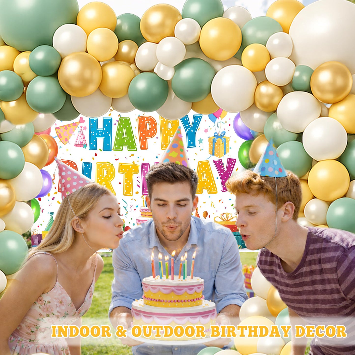 Sage Green and Gold Birthday Decorations Set for Men & Women, 131pcs Birthday Party Decor for Boys & Girls, Balloon Arch Kit, Backdrop, Cake Toppers, Happy Birthday Banner for Birthday Celebrations