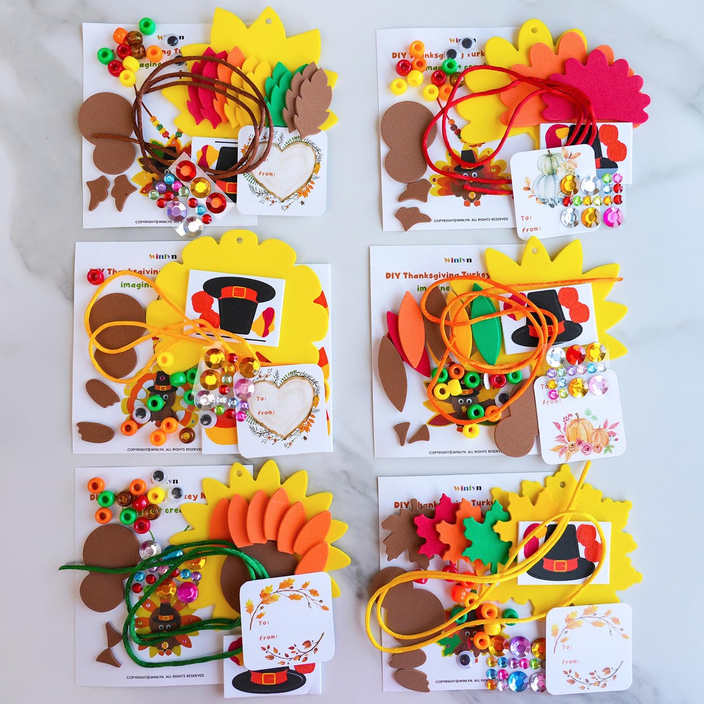 Winlyn 24 Sets Fall Craft Kits DIY Thanksgiving Turkey Necklaces Art Sets Autumn Maple Leaves Turkey Feathers Foam Thanksgiving Stickers for Kids Harvest Home Classroom Activities Party Favors
