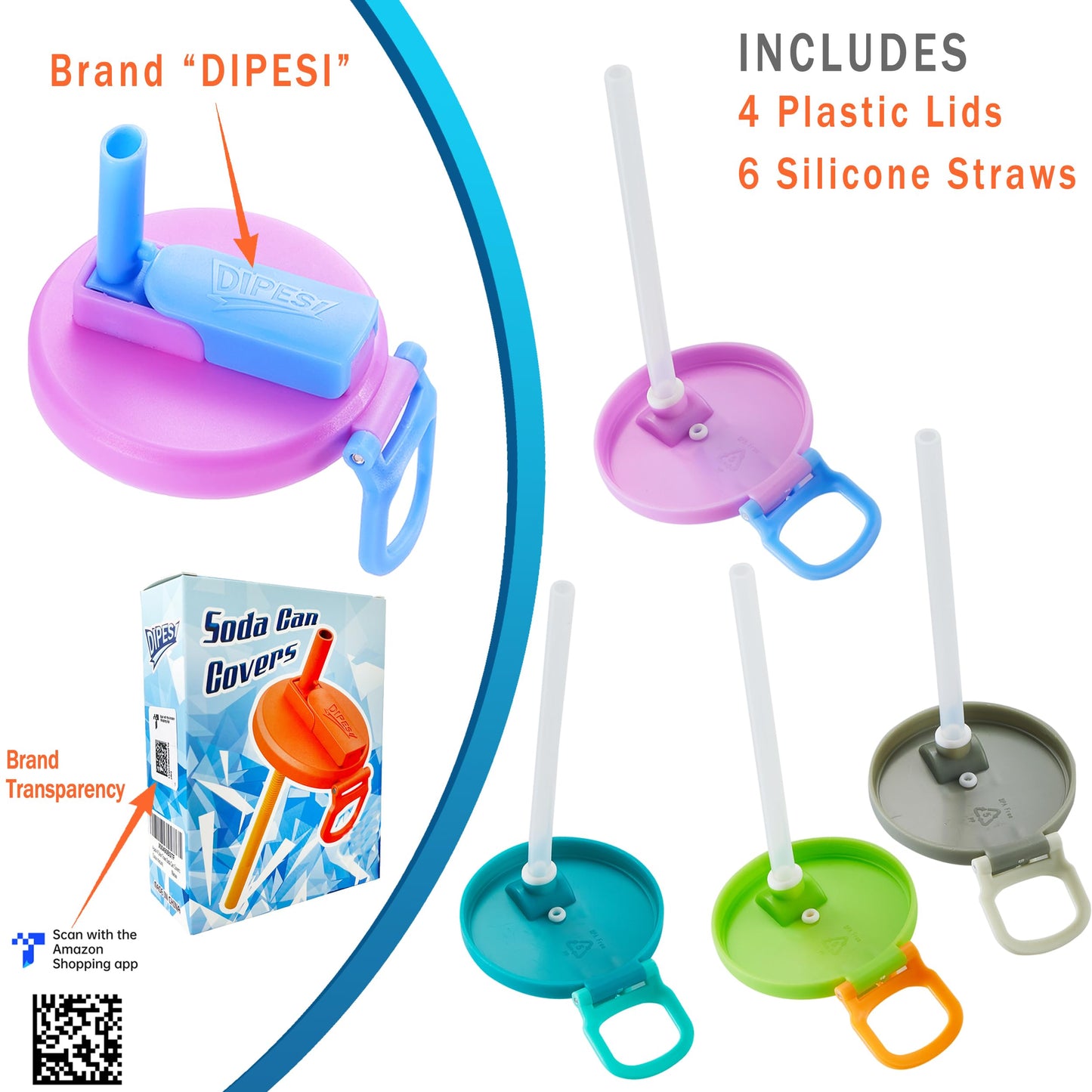 DIPESI 4-pack 4 Color Soda Can Lids with straw, Soda Can Covers with Silicone straw BPA-Free Reusable For Fits standard For Canned Beverage, Beer, Juice,Seltzer. (Colour mixture)