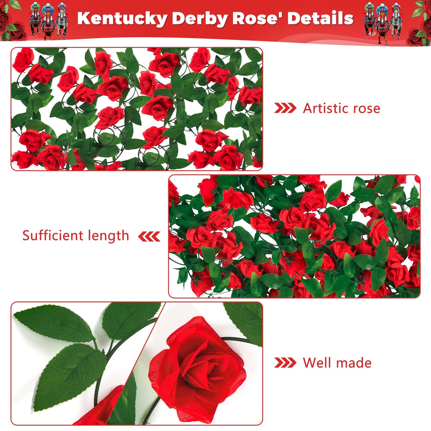 Arrowom Kentucky Roses Decorations, 48FT Roses Derby Party Supplies Fake Vine Flowers Plants, Derby Rose Artificial Flower Hanging Rose Home Party Garden Craft Art Decorations