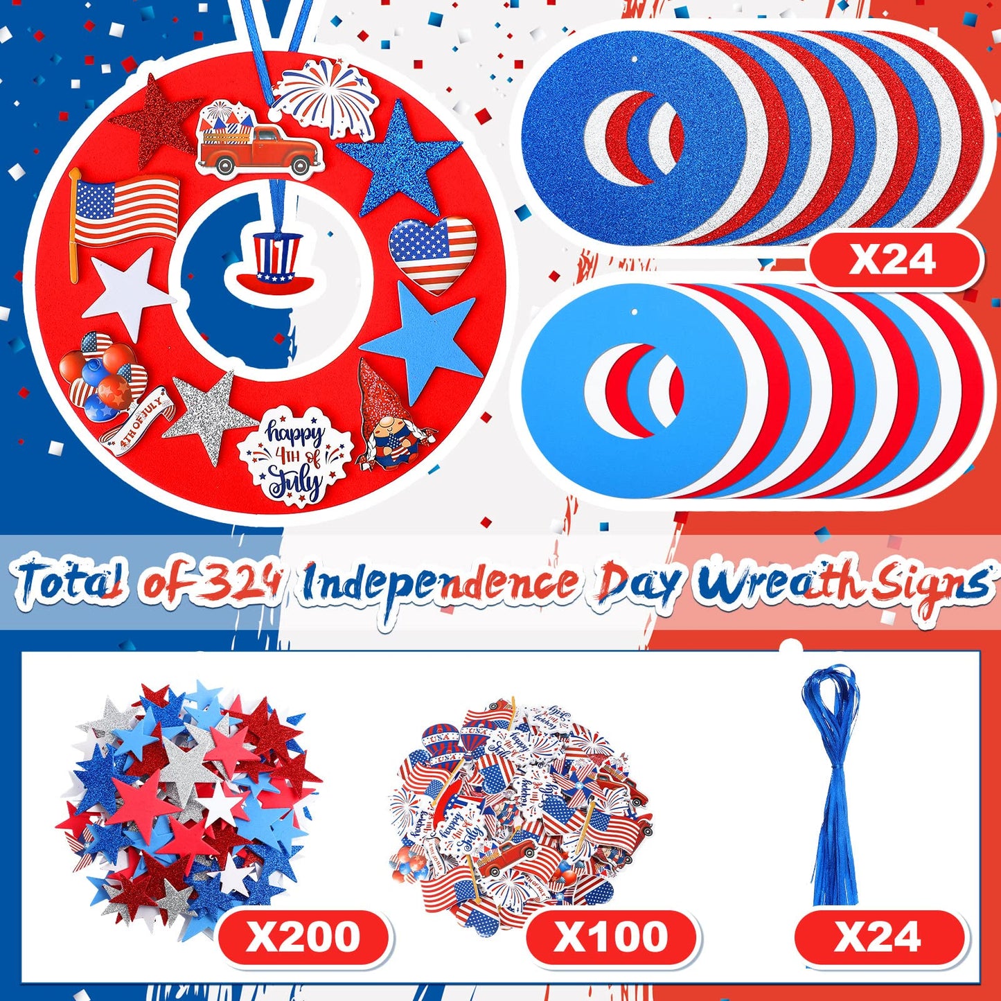Woanger 324 Pcs 4th of July Wreath Decorations Flag USA Star Patriotic Signs Ornaments Foam Blue Red White Sticker Star Independence Day Craft Gift Favor Home Door Art Wall Decor Kit