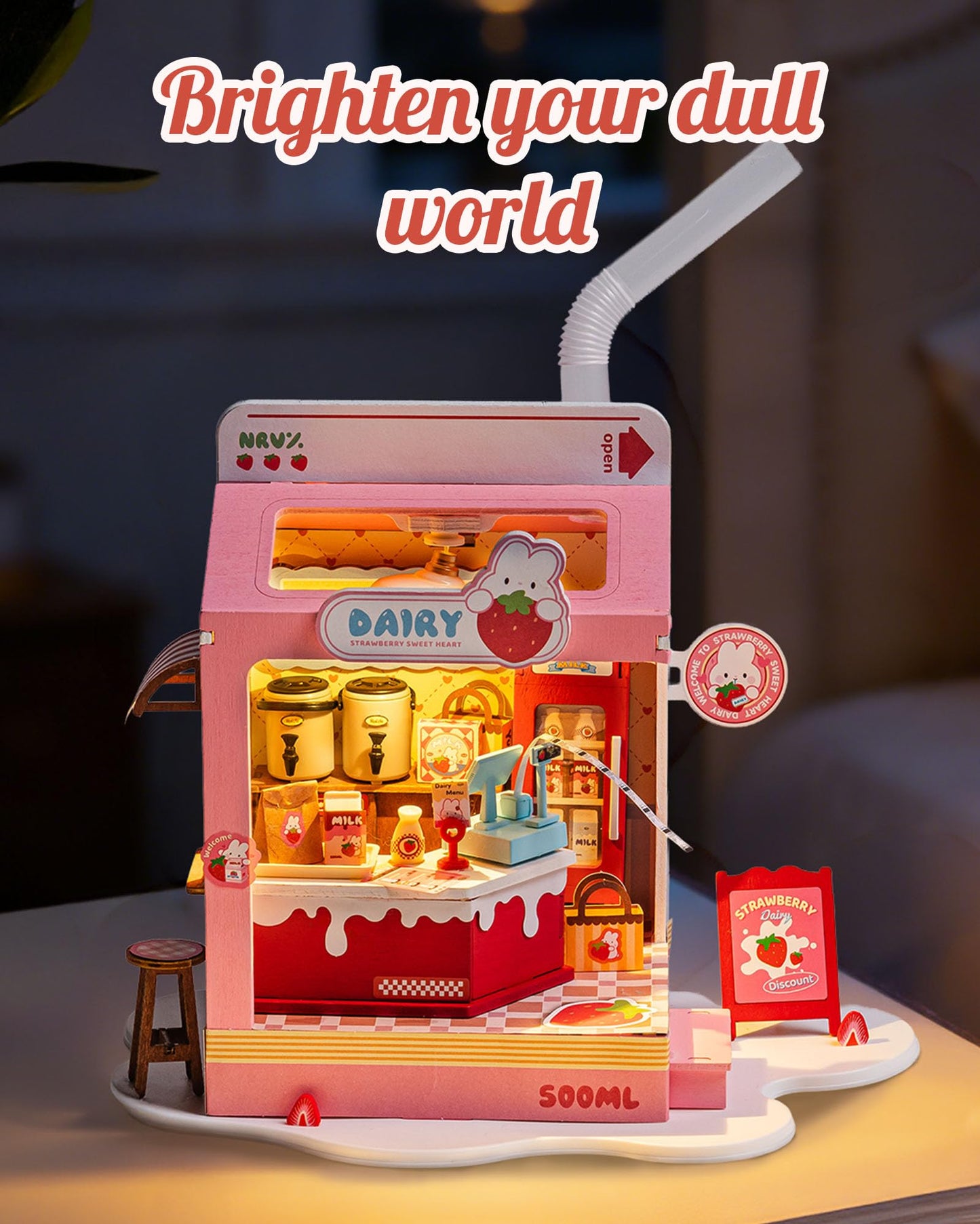 Robotime DIY Miniature House Kit, 1:28 Scale Tea Shop Scale Diorama Dollhouse with LED Lights, 3D Wooden Puzzle for Adults, Creative Crafts & Unique Gift for Craft Enthusiasts (Strawberry Milk Box)