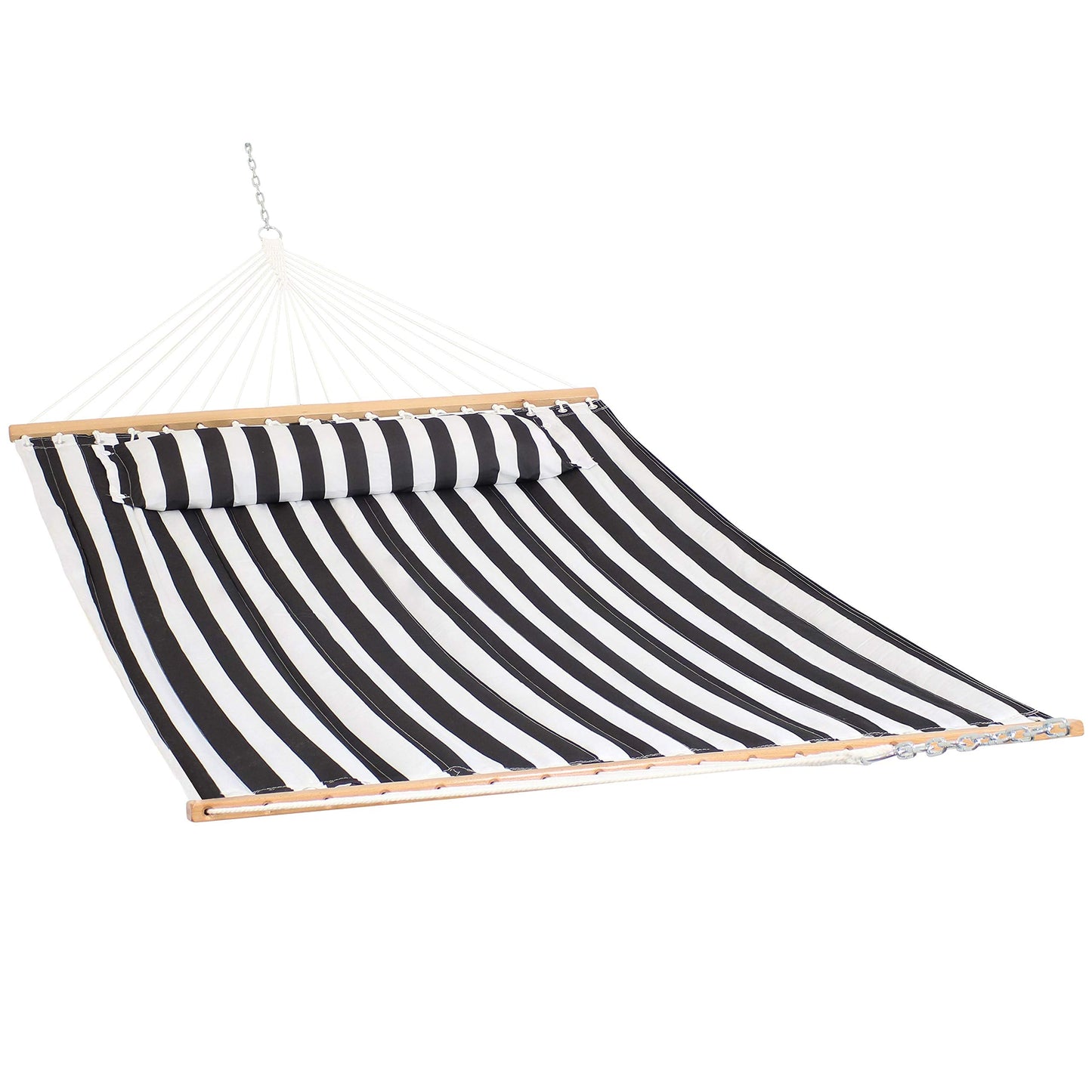 Sunnydaze Quilted Outdoor Hammock with Spreader Bars - Heavy-Duty 450-Pound Capacity Double Hammock for Outside - Black and White