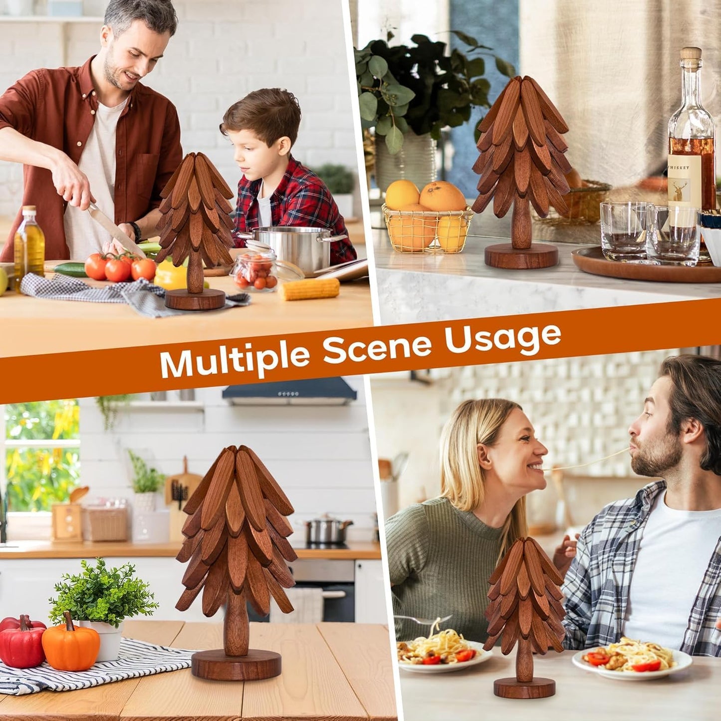 Wooden Trivets for Hot Dishes, Tree Shape Trivet Set, 5 Walnut Wood + 1 Stand stored Like a Christmas Tree,Foldable Kitchen Wooden Trivet,for Hot Dishes、Pot、Bowl、Teapot、Hot Pot Holder(Walnut Wood)