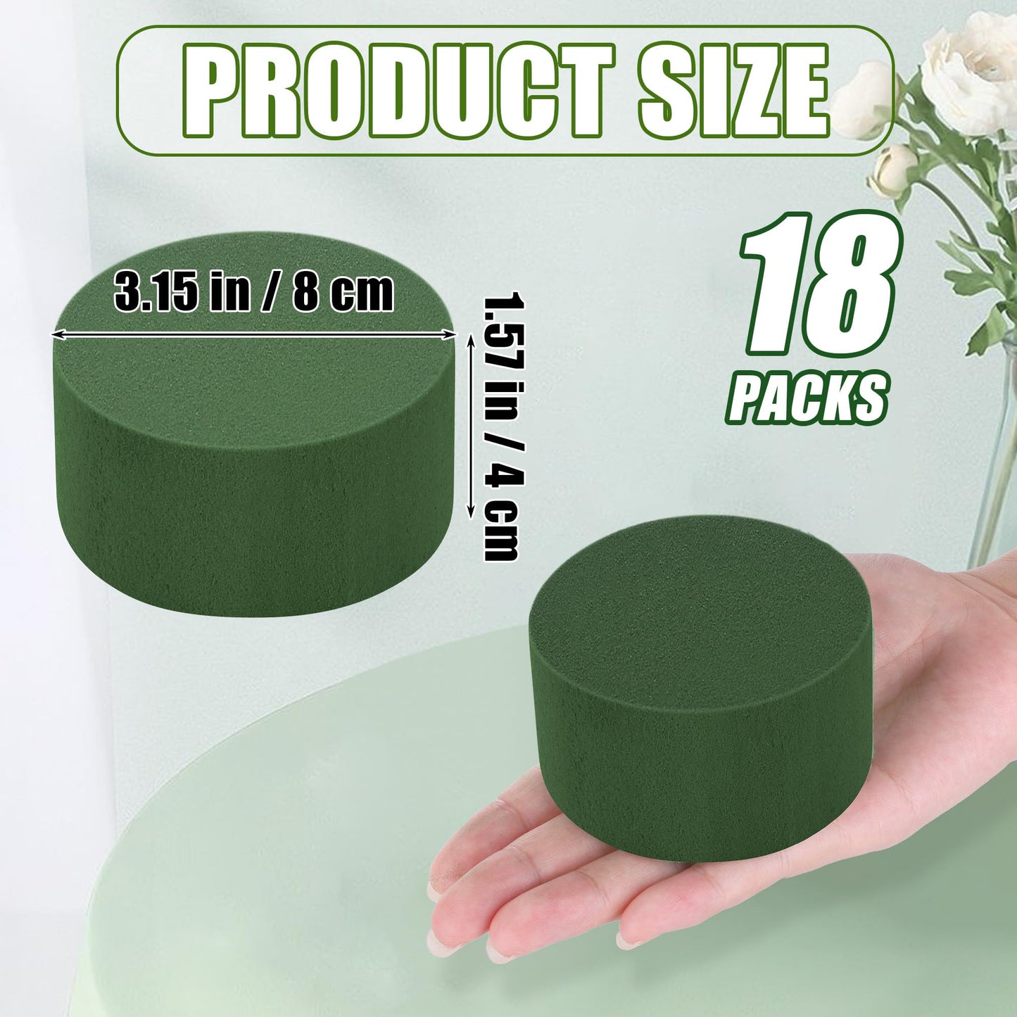 Hahood 18 Packs Round Floral Foam Blocks Green Wet Dry Flower Foam Bricks 3.15 Inch DIY Flower Arrangement Supplies Kit Florist Block for Aisle Flowers Wedding Party Decorations