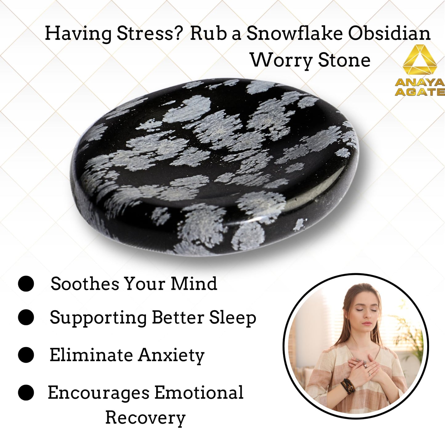 Anaya Agate Snowflake Obsidian Worry Stones Certified Crystal Thumb Worry Stone for Anguish Relaxing and Soothing Balance Stones for Meditation, Stress Relief Crystals and Healing Stones for Men Women