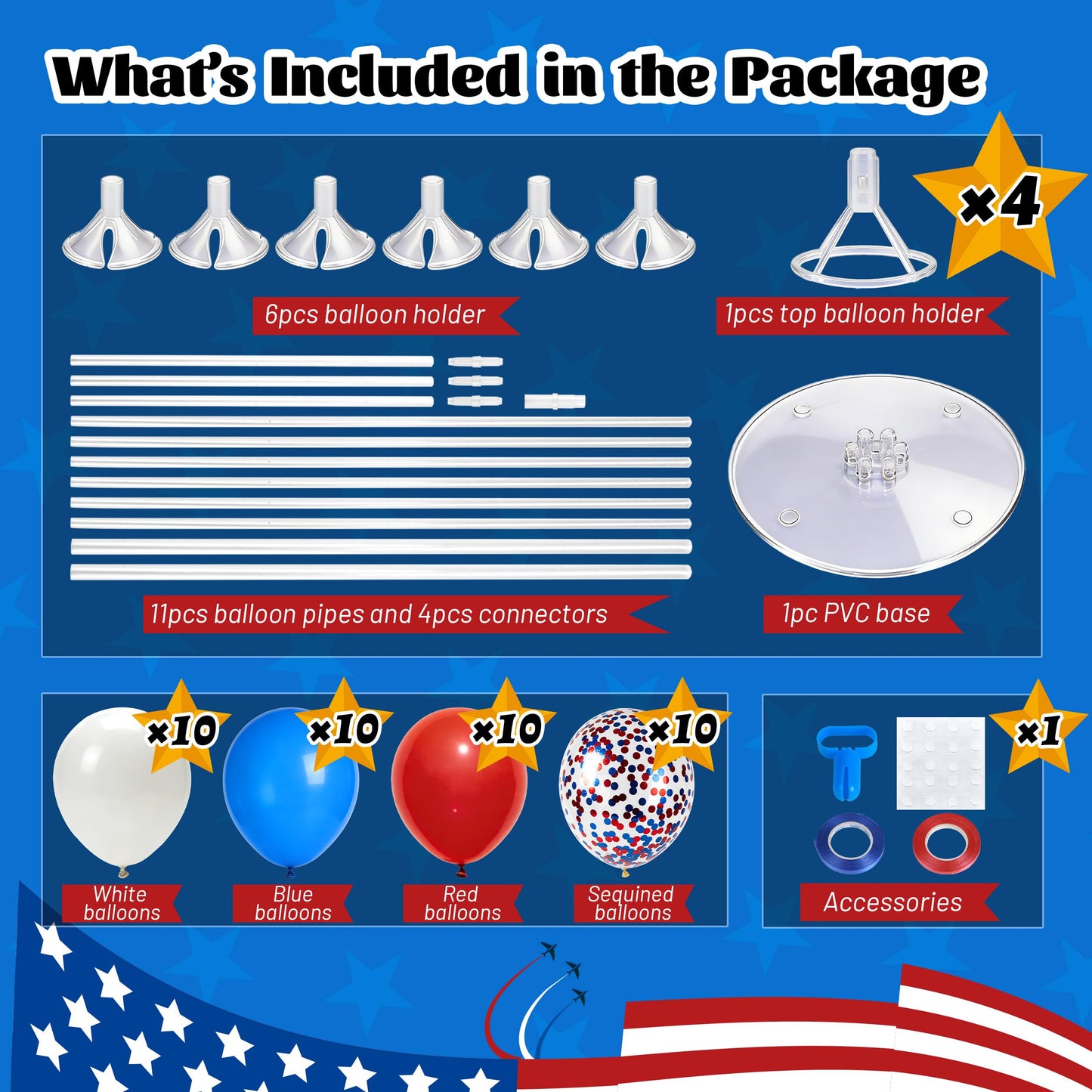JOYYPOP 4th of July Balloon Centerpieces for Tables 4 Sets Balloon Stand Kit with 40 Red White Blue Confetti Balloons Patriotic 250th Anniversary Independence Day Table Decorations