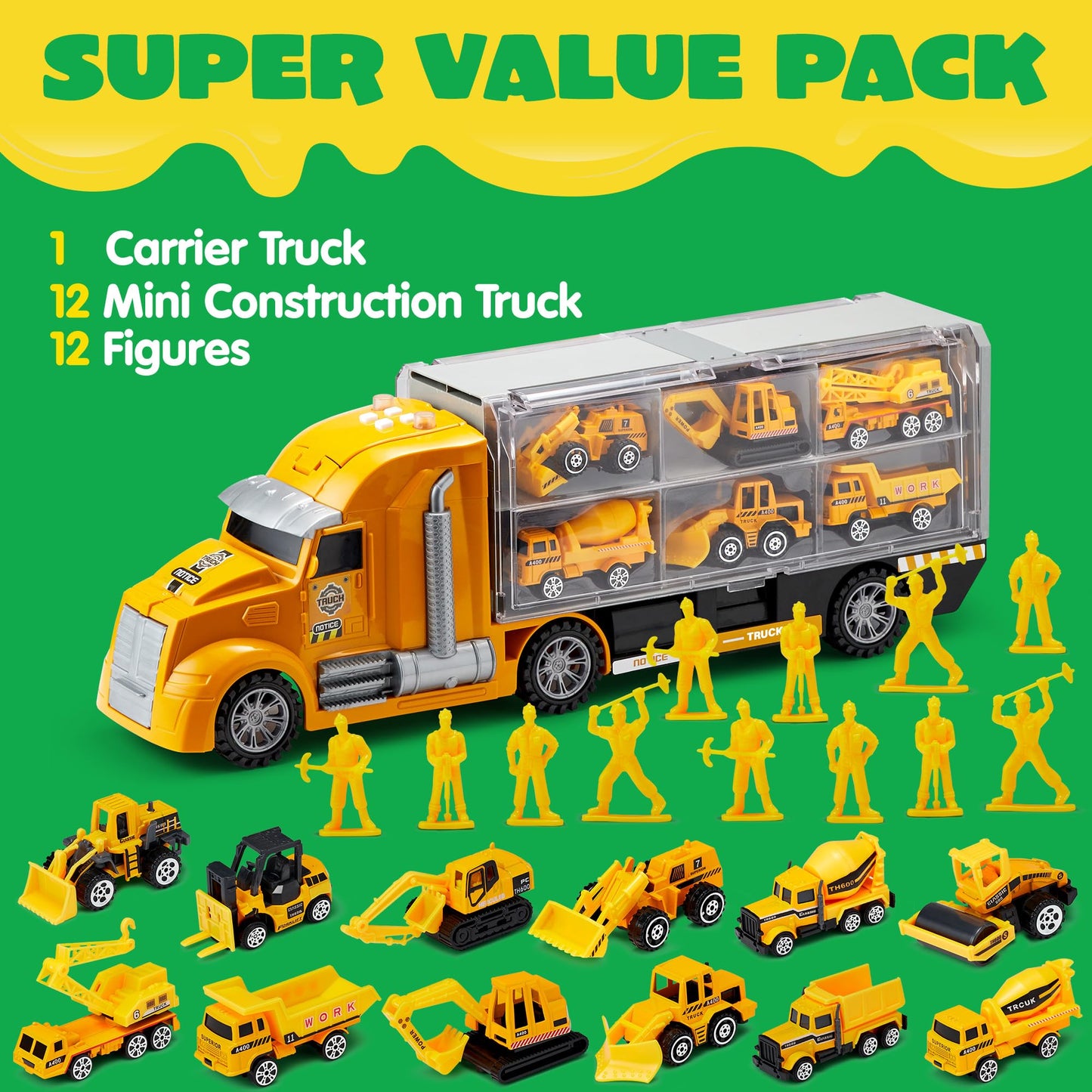 JOYIN 25-in-1 Construction Truck Toy Set with 12 Vehicles & 12 Worker Figures, Push and Go Toy Trucks with Sound and Light, Construction Toys Birthday Gifts for Kids 3 4 5 6 7 Years Old
