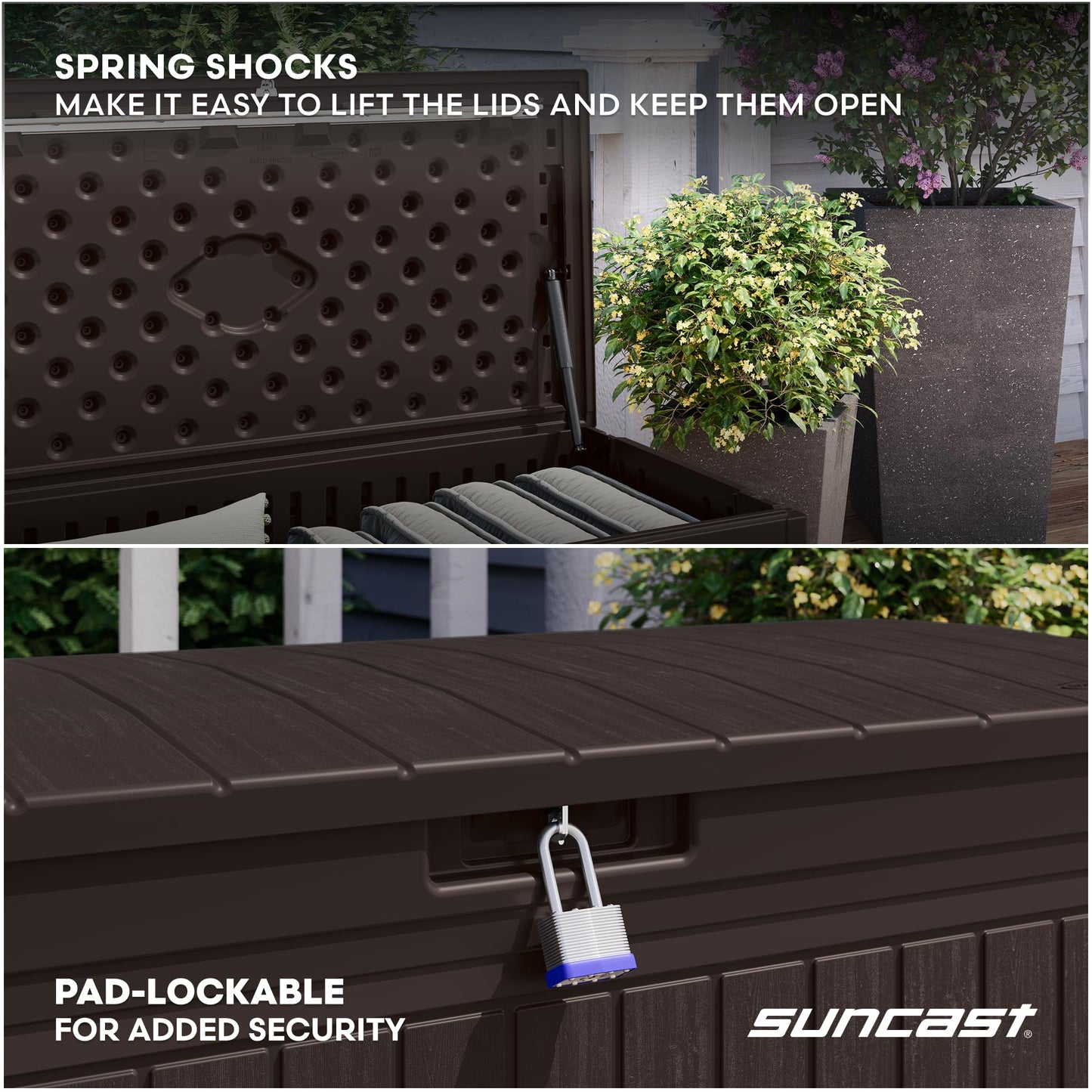 Suncast 80-Gal. Resin Large Outdoor Patio Deck Box with Pad-Lockable Lid, Modern Outdoor Patio Bench/Storage Box for Cushions, Garden Tools, and More, Java