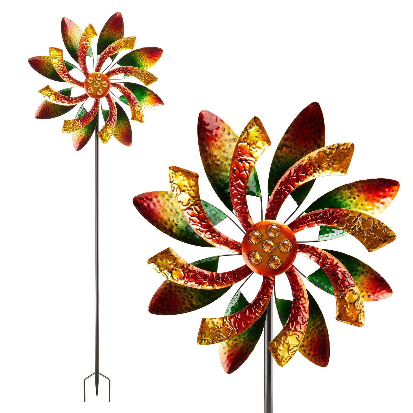 Alpine Corporation 64" Tall Floral Windmill Stake with Jeweled Kinetic Spinner, Green and Orange