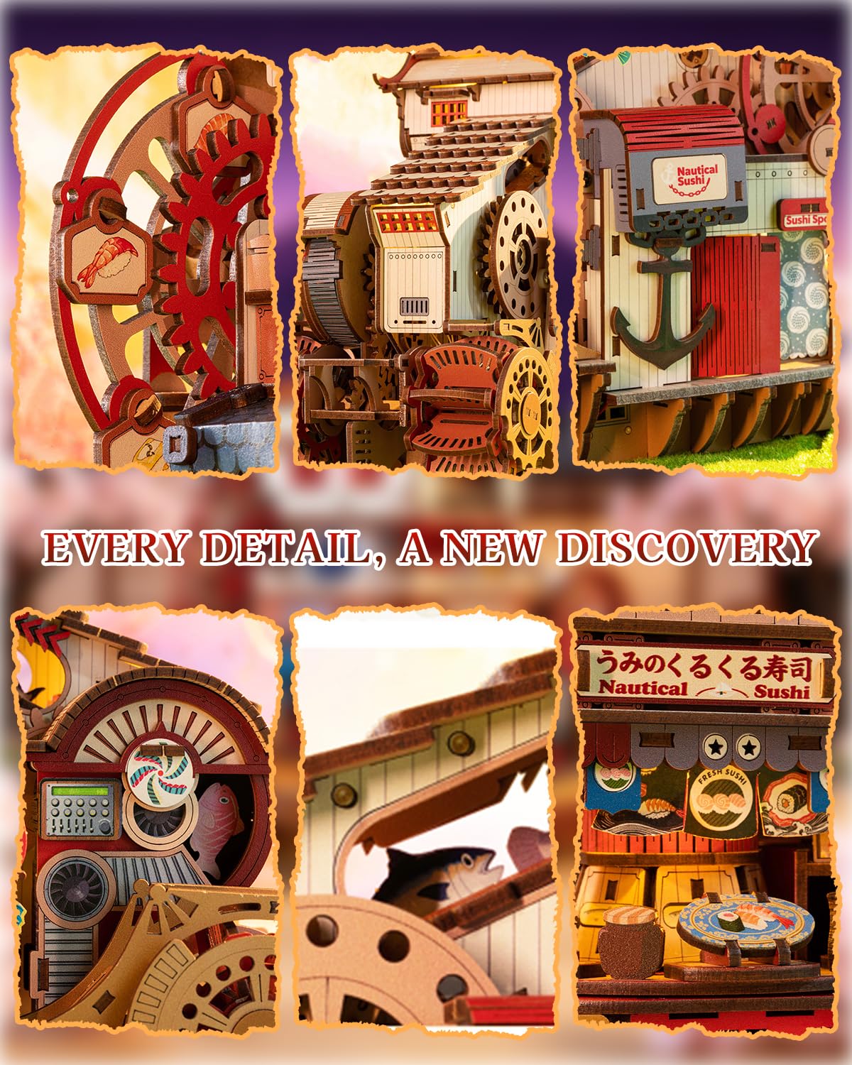 Nautical Sushi 3D Puzzles for Adults, 425PCS Wooden Mechanical Model Building Kit with Music and Lights, Miniature House Kit, Unique Home Decor Craft Gifts for Christmas Birthday