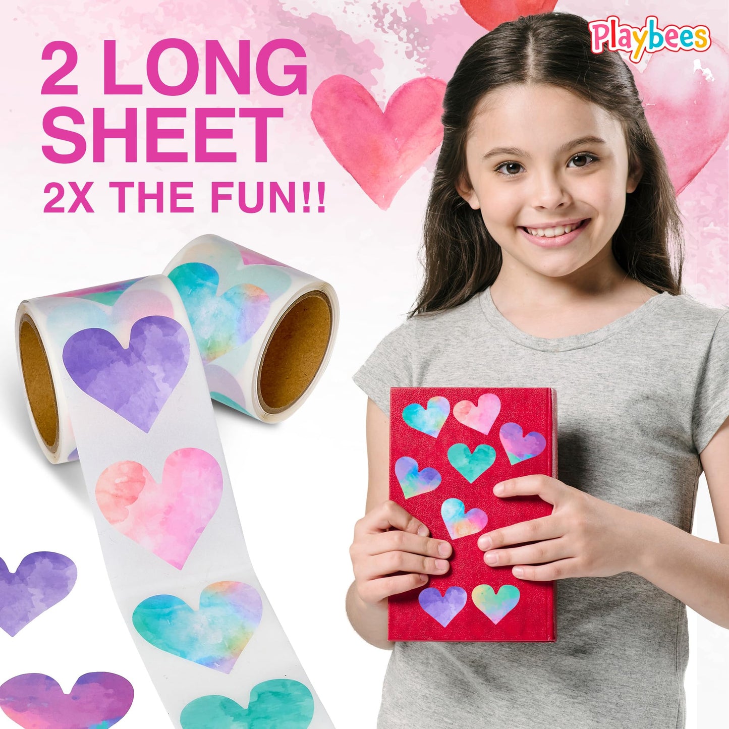 Playbees Watercolor Heart Stickers for Kids - 200 Pack of Rainbow Heart Themed Designs - Valentine’s Day Kids Educational Arts and Crafts, Scrapbooking, Teacher Awards, Classroom Prize, Encouragement