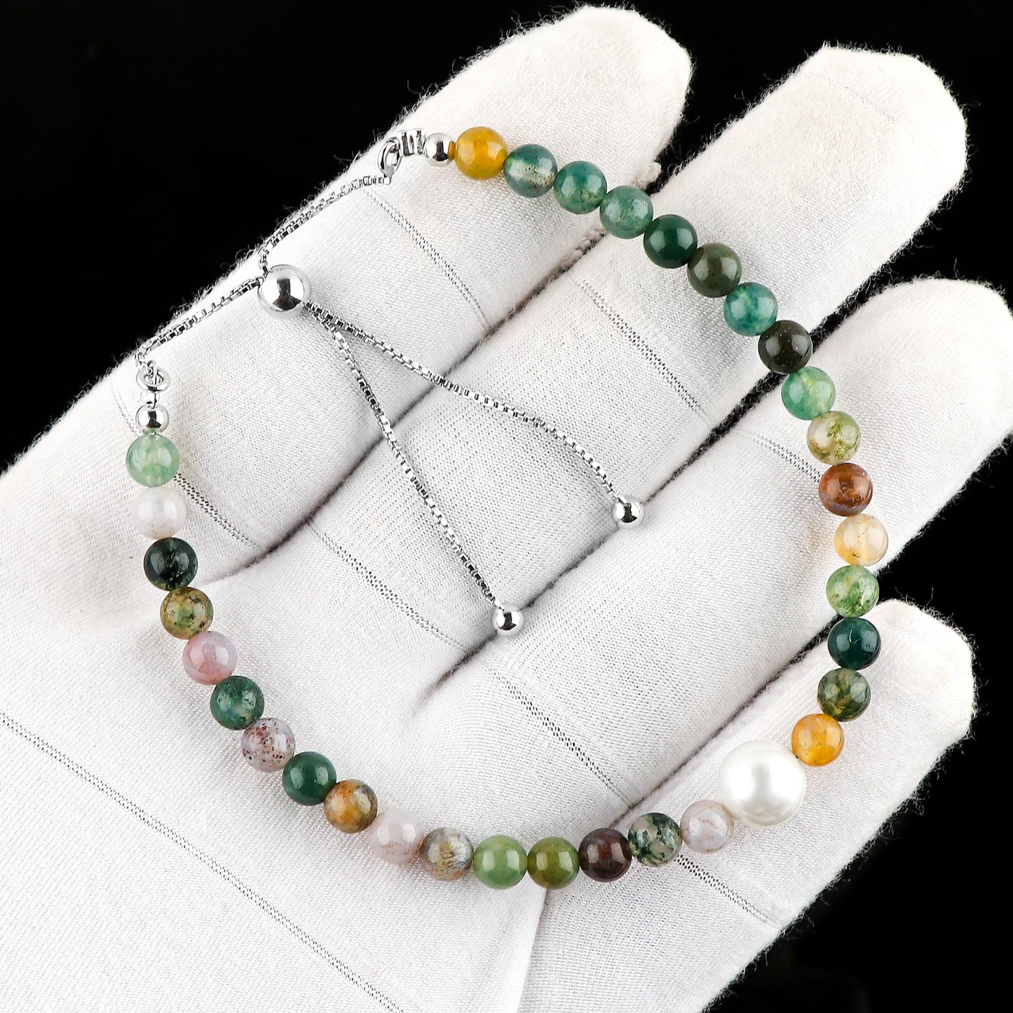 CRYSTALIS Natural Moss Agate Beads Slider Bracelet with Elegant Pearl, High Grade Beaded Crystals, Chakra Healing Gemstone, Gift Giving Women Jewelry, 925 Sterling Silver Slider 10 inch