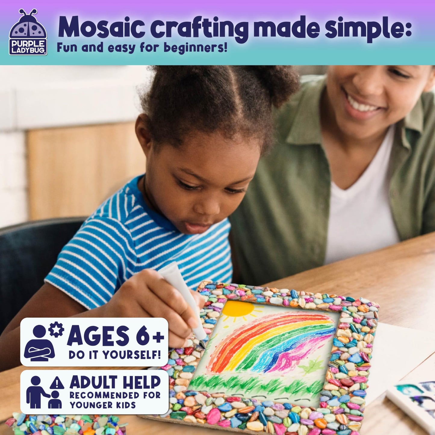 PURPLE LADYBUG DIY Mosaic Photo Frame Crafts for Girls 8-12 6-8 - Great Gift for Teens Tweens, Fun Craft Kit for Kids & Girl Birthday Gifts for 7 8 9 10 11 12 Years Old