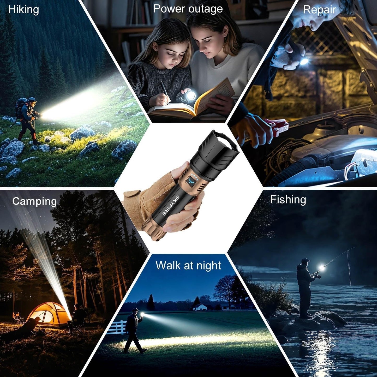SKYFIRE LED Flashlights High Lumens with Ignition Lens,3000lm Super Bright Rechargeable Flashlight,Zoomable,4 Modes,Waterproof Tactical Flash Light for Camping Essentials,Outdoor and Home,Gift