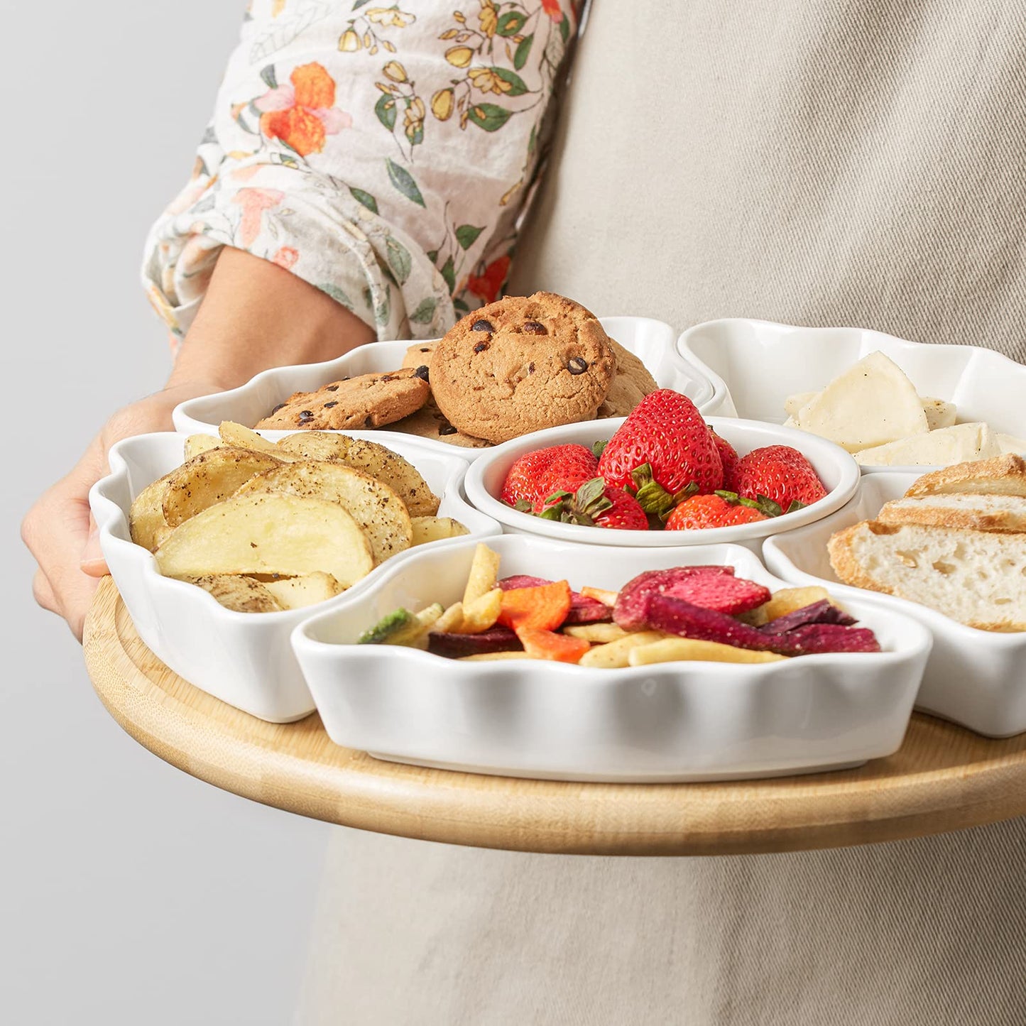 DOWAN 360° Rotatable Serving Tray and Platters, 12 Inch Divided Serving Bowls for Party, Kitchen Decor, Removable Serving Dishes for Chips and Dip, Fruit, Veggies, Candy and Snacks, 7 Pieces, White