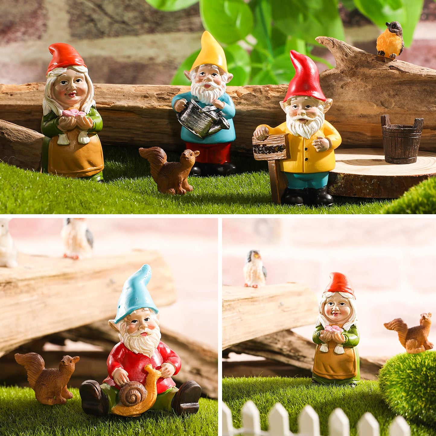 Jetec 10 Pcs Mini Fairy Gnomes Statue Garden Accessories Kit Miniature Garden Resin Gnomes Hand Painted Squirrel Hedgehog Owl Bird and Bucket Ornament for Yard Lawn Home Outdoor Decoration