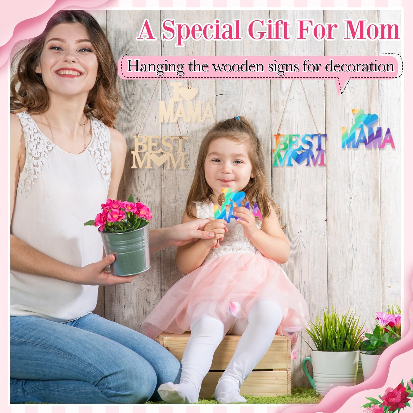 Gerrii 80 Pcs 4.7 Inch Mother's Day Unfinished Wood Crafts for Kids Painting DIY Best Mom Cutouts to Paint Hanging Wooden Letters Ornaments for Mother's Day Gifts Bulk Birthday Party Decorations