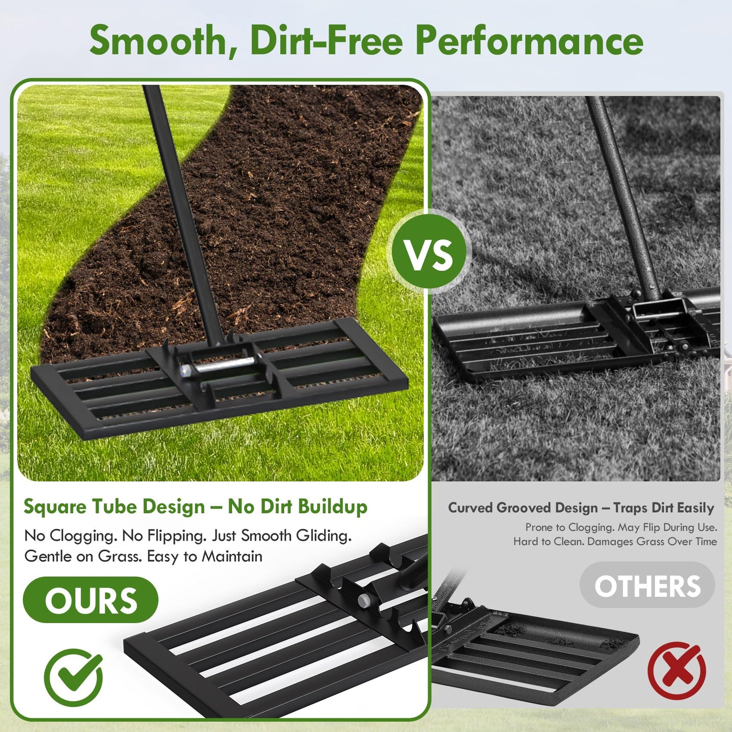 Seeutek Lawn Leveling Rake, 17" x 10" Heavy Duty Yard Leveling Rake Tool with 0-180° Adjustable Handle, 6.5FT Steel Handle Lawn Leveler for Yard Garden Golf, Ease Level Soil Sand Dirt Surface
