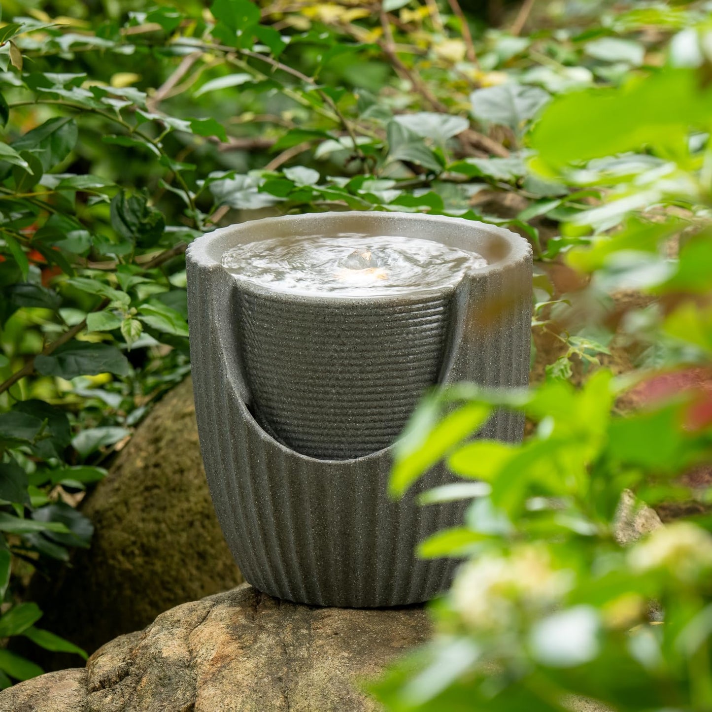 Puulye 9.84” H Small Outdoor Water Fountain Made with Eco-Friendly Recyclable Materials, Polyethylene Bubbler Water Fountain, Outdoor Tabletop Decor with LED Lights for Patio, Porch, Backyard (9.84")