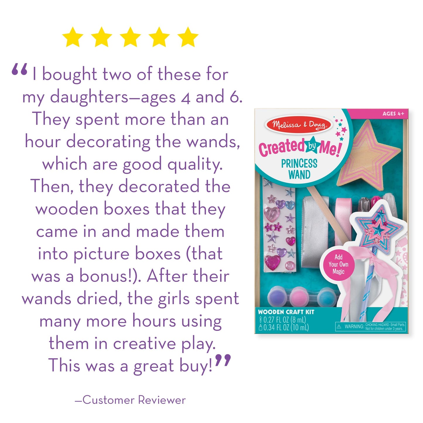 Melissa & Doug Created By Me! Paint & Decorate Your Own Wooden Princess Wand Craft Kit, Pink Princess Crafts Great for Rainy Days, Toys for Kids Ages 4+