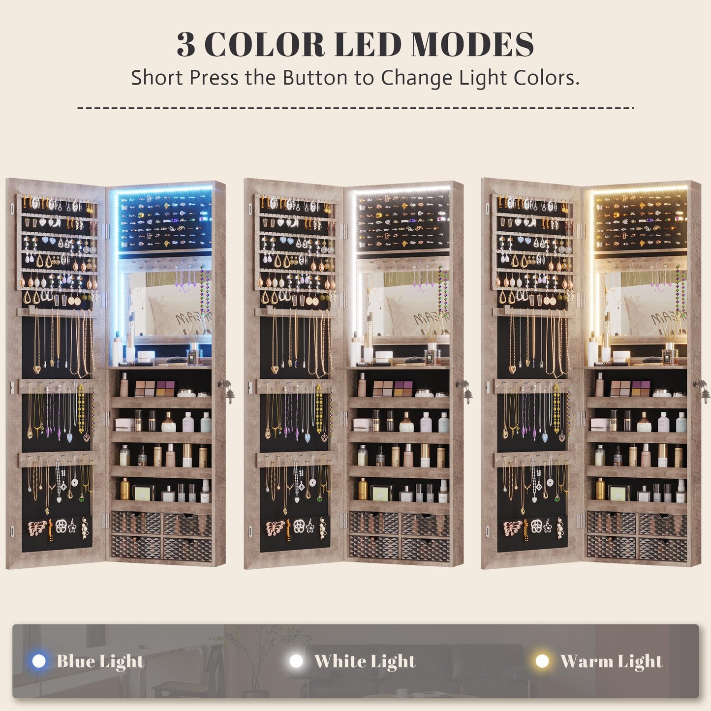 Vlsrka 47.2 Inch Full Length Mirror with Storage, Wall Mount Mirror Jewelry Cabinet, Over The Door Hanging Jewelry Armoire Organizer, Built-in Light, 4 Drawers, 5 Shelves, Christmas Gift (Wood)