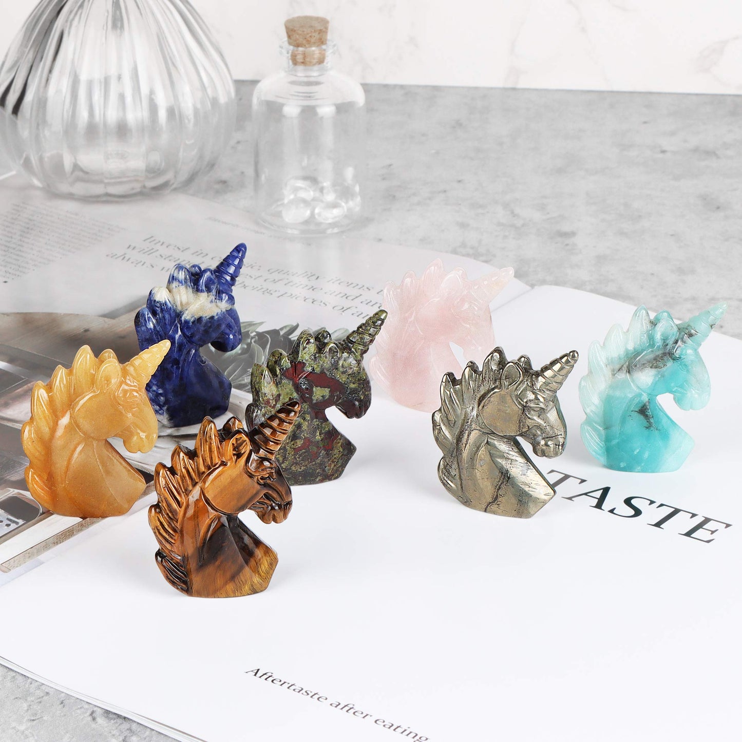 Artistone 2" Rose Quartz Crystal Unicorn Stone Statue Ornament Hand-Carved Healing Crystal Gem Unicorn Figurine Aura Animal Horse Sculpture Desk Decoration Gift Box