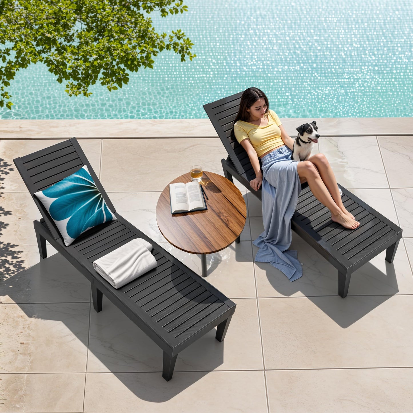 NBYSGO Outdoor Chaise Lounge Chairs Set of 4, 5-Position Adjustable Heavy Duty Tanning Loungers with Wood Texture, All-Weather Resin Patio Recliners for Pool, Garden, Deck, Beach, Black