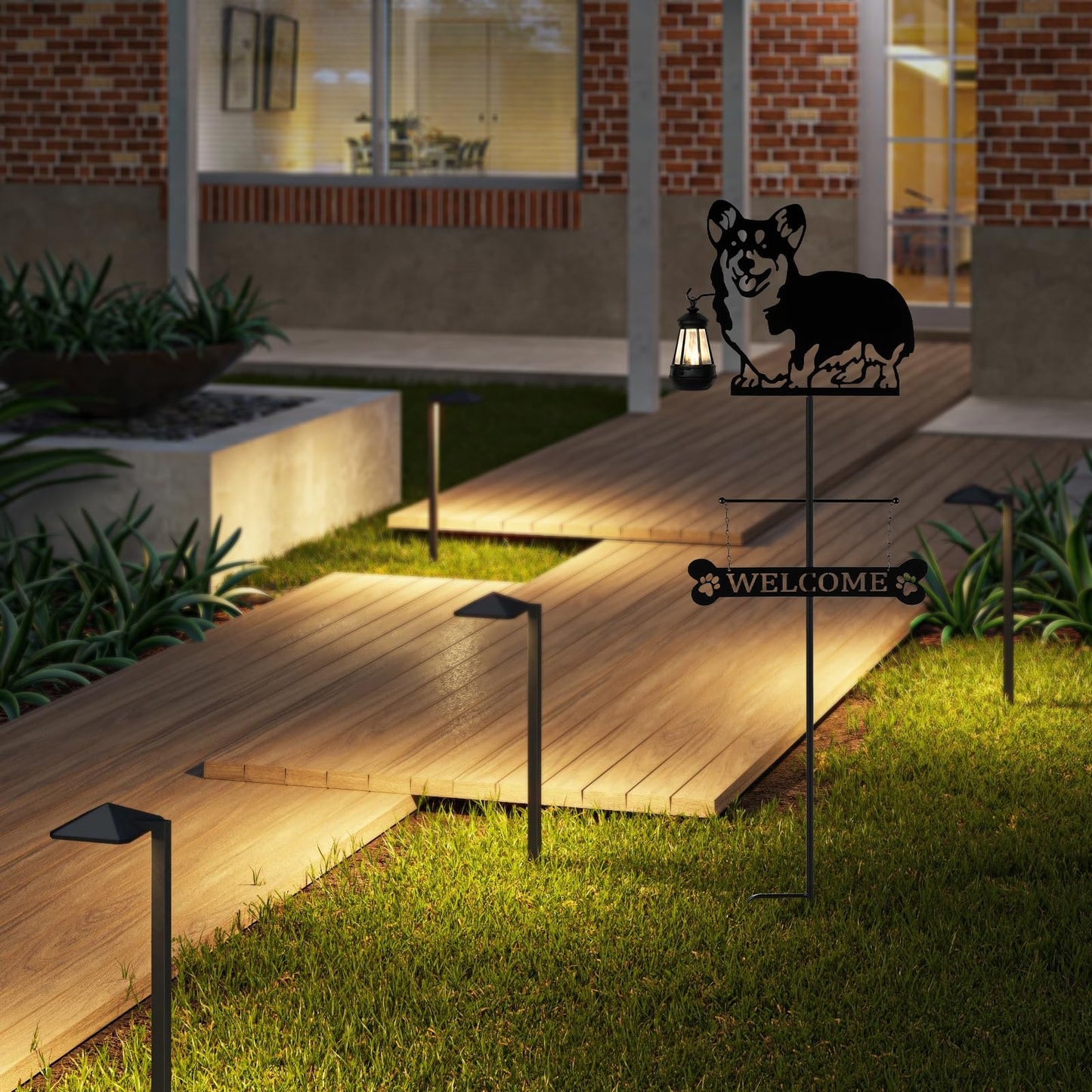 ANGELLOONG 51" Solar Corgi Silhouette Dog Welcome Sign with Lantern, Outdoor Decorative Corgi Gifts for Garden Yard Lawn Patio Pathway