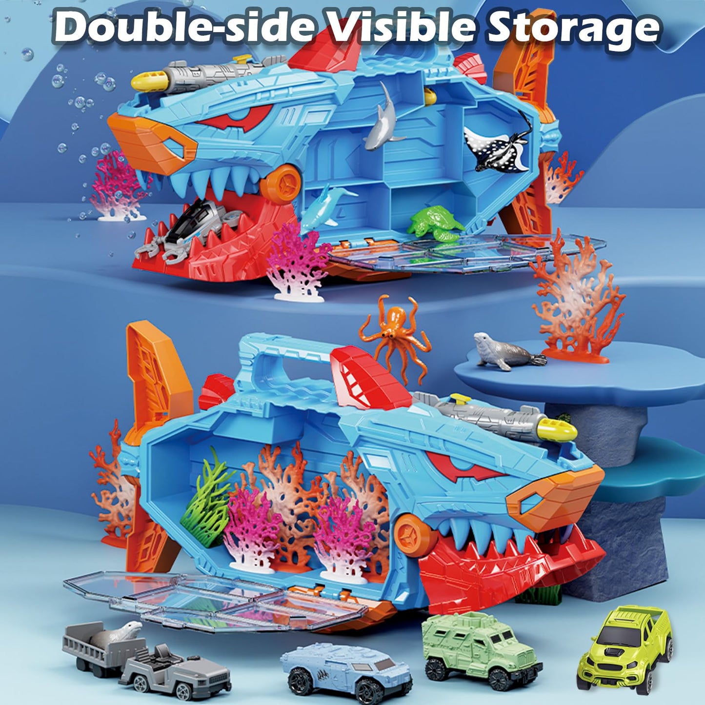 Frontoytall Shark Toy & Deep Sea Creatures Ocean Animal Toys with Truck Cars, 18 Piece Educational Playset for Kids Ages 3+ Years Old, Indoor & Outdoor Play, Preschool Learning Bath for Boys Girls