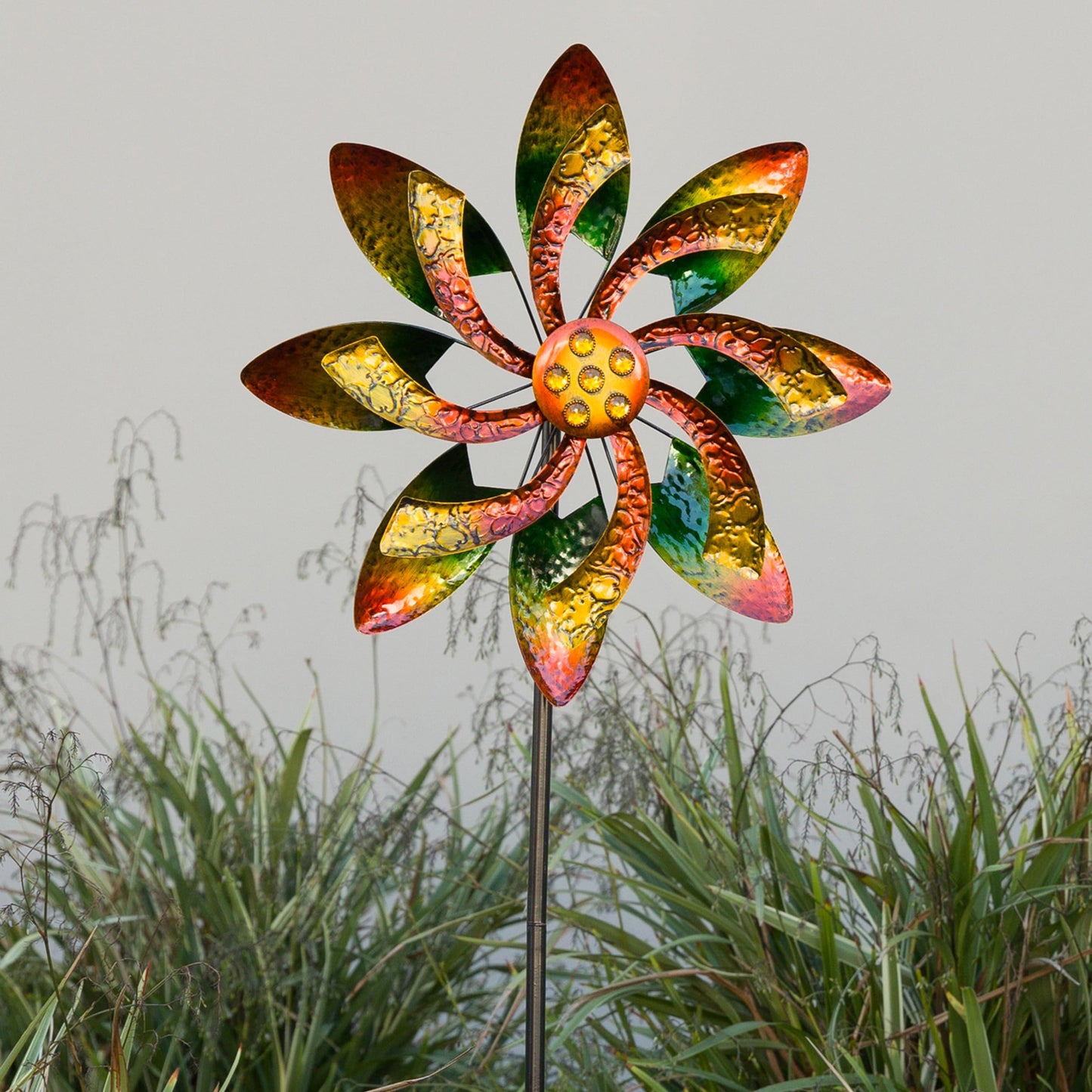 Alpine Corporation 64" Tall Floral Windmill Stake with Jeweled Kinetic Spinner, Green and Orange