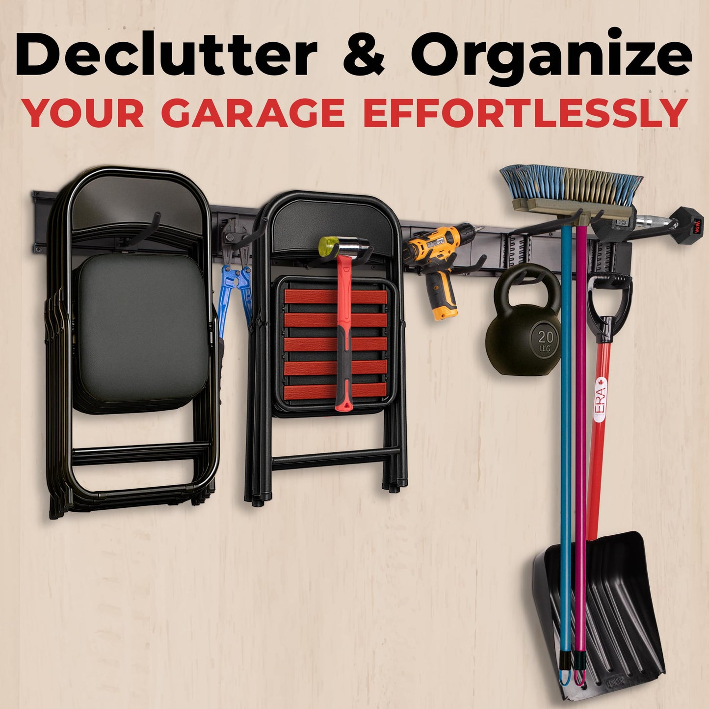 NINE FORTY Garage Tool Organizer Wall Mount - 49.5 Inches, 16" Stud Spacing, 440 LBS. Sturdy Rubber Coated Garden Tool Organizer and Storage Rack with Adjustable Hooks