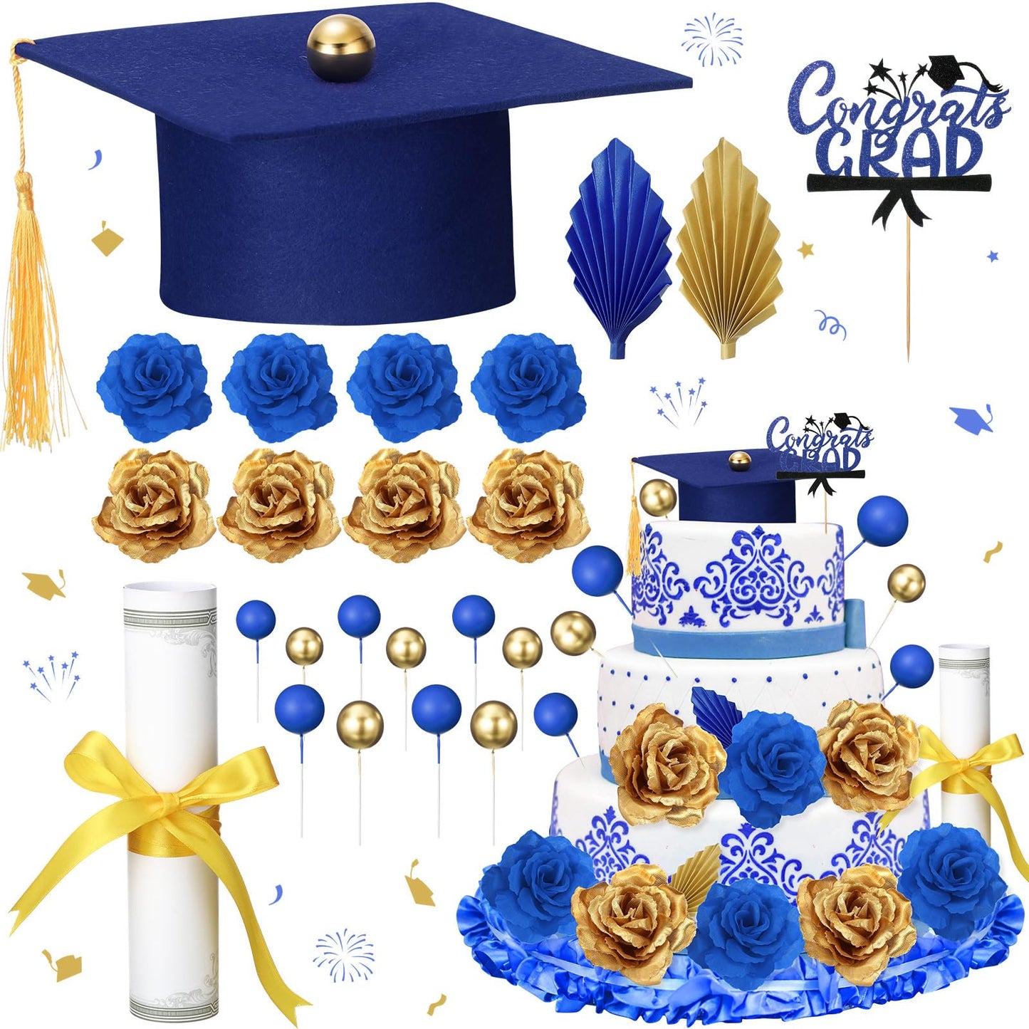 Jingmore Graduation Cake Kit Included Felt Graduation Cap Diploma Classic Black Congrats Grad Cupcake Toppers Beads Leaf Flowers Cake Decorations for Class of 2026 Party(Blue and Gold)