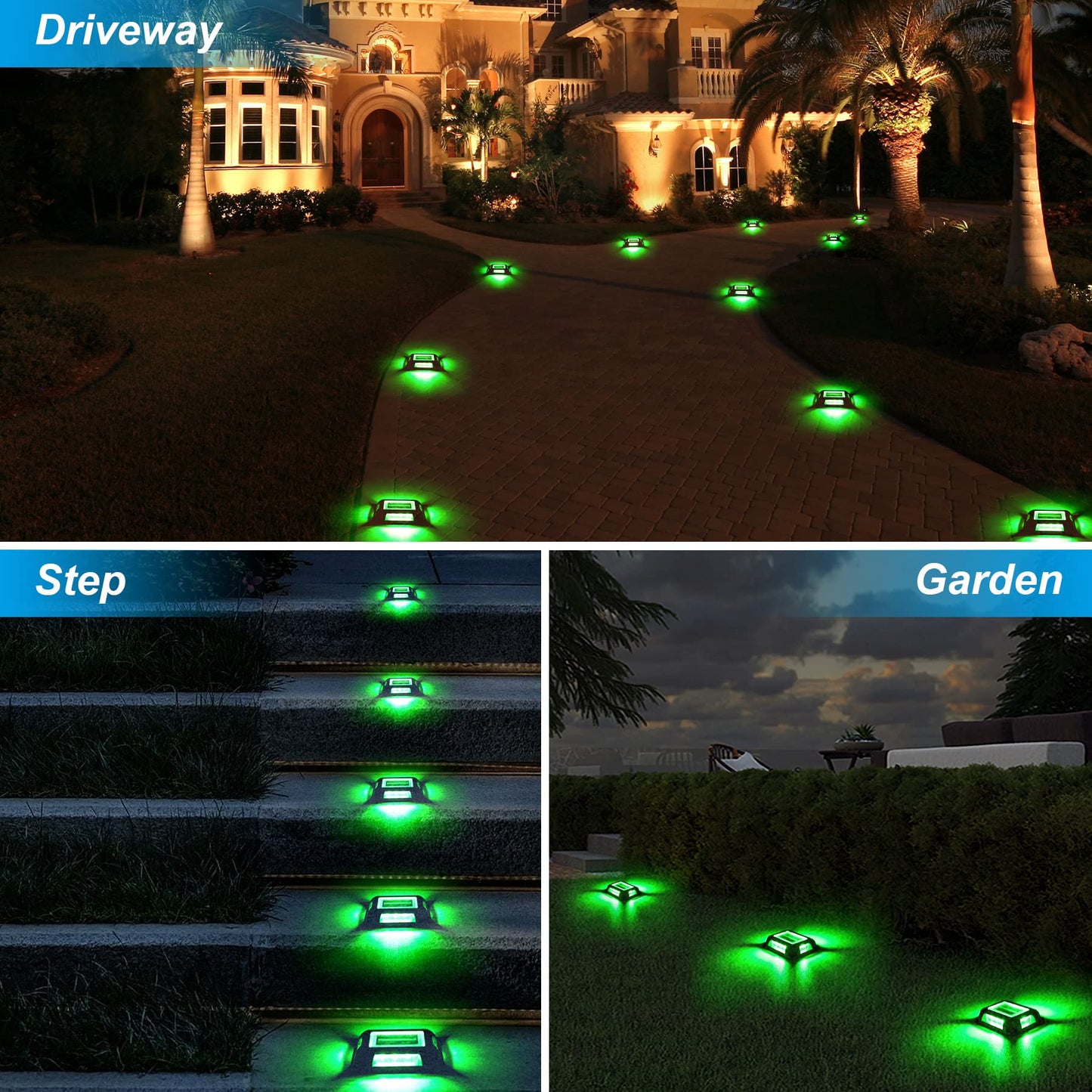 CREPOW Solar Green Deck Lights Driveway Dock Lights St. Patrick's Day Decor Light- 8 Packs Waterproof 1200mAh Outdoor LED Aluminum Dock Lighting Road Markers for Driveway Sidewalk Garden Pathway Yard