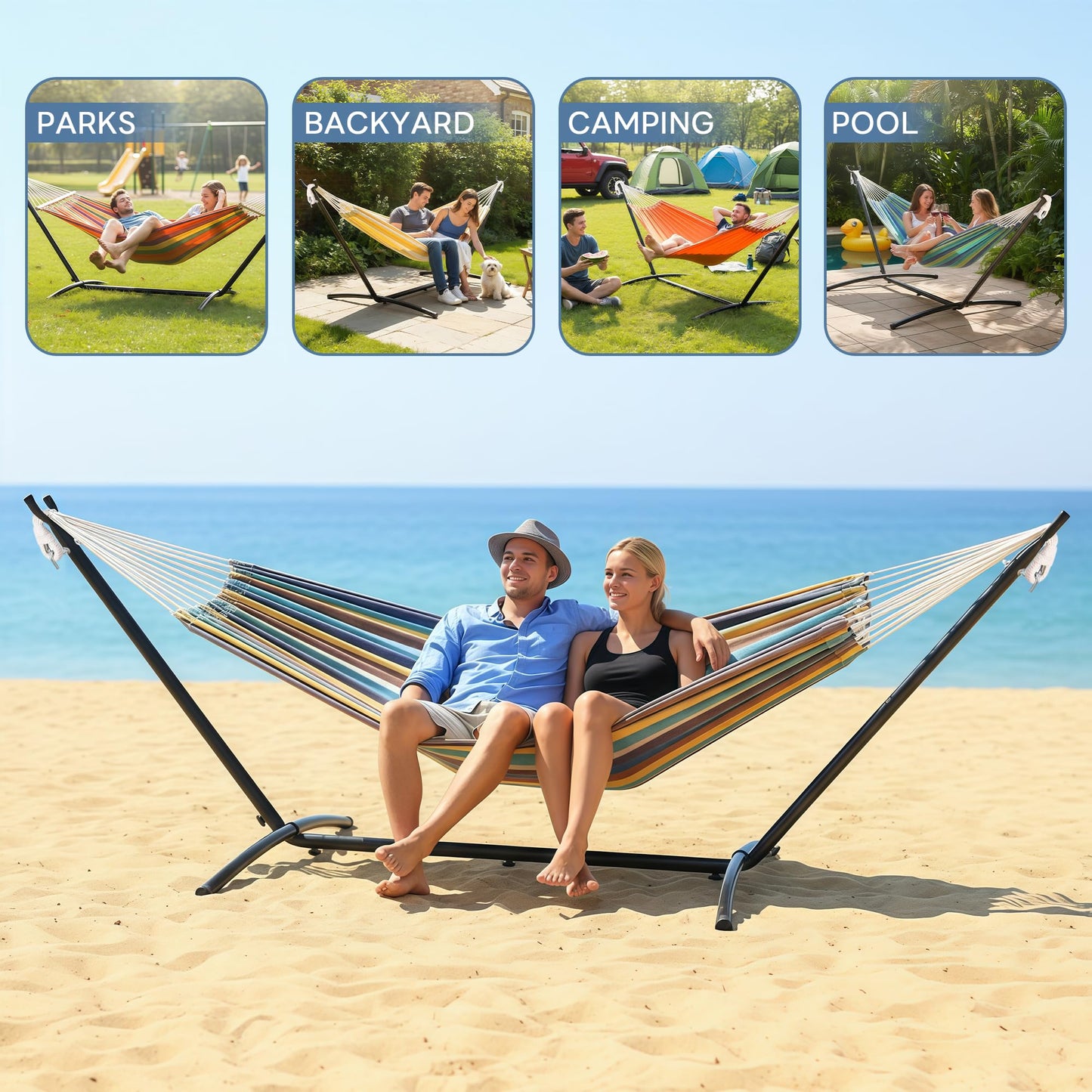 Sweetcrispy Hammock Stand Only, Heavy Duty Hammock Stands for Double 2 Person, Portable Steel Stand for Outside Garden Backyard Patio Pool Beach with Carrying Case